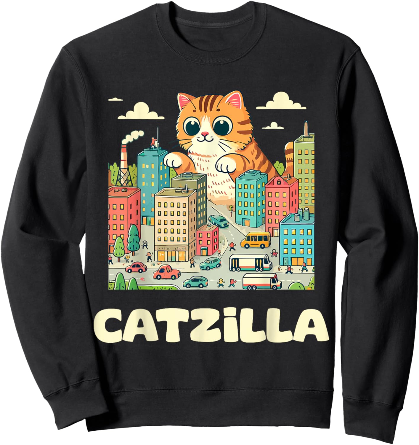 Catzilla Cat Art Funny Cat Gifts Men Women Girls Kids Sweatshirt - Sweatshirt | Black