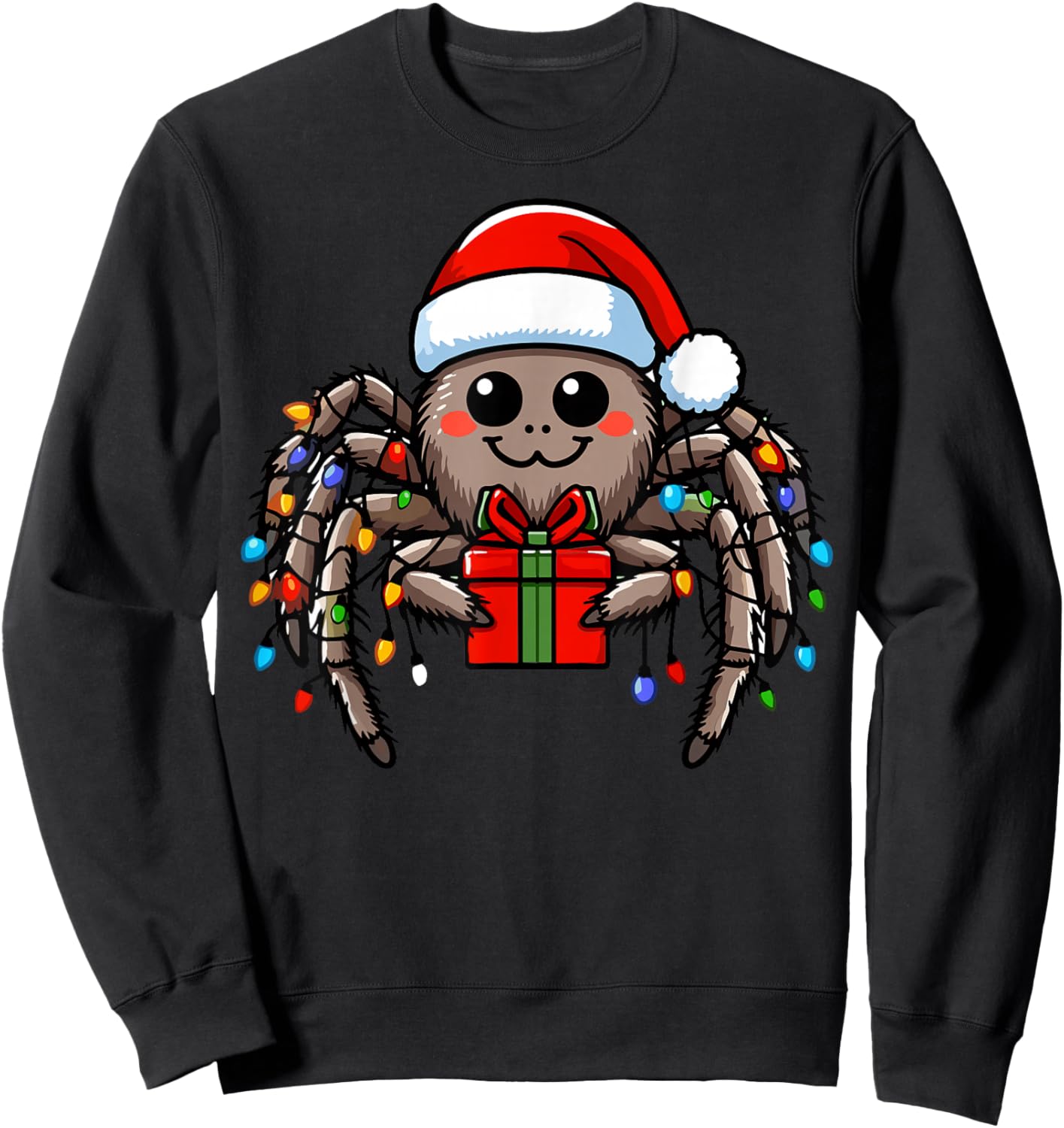 Spider Wearing Santa Claus Hat Holding A Present Box Xmas Sweatshirt - Sweatshirt | Black