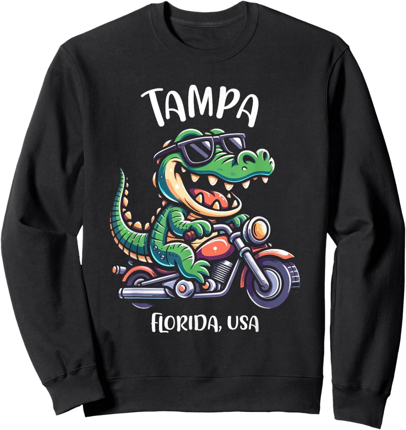 Tampa Florida USA Alligator Motorcycle Cartoon Design Sweatshirt - Sweatshirt | Black