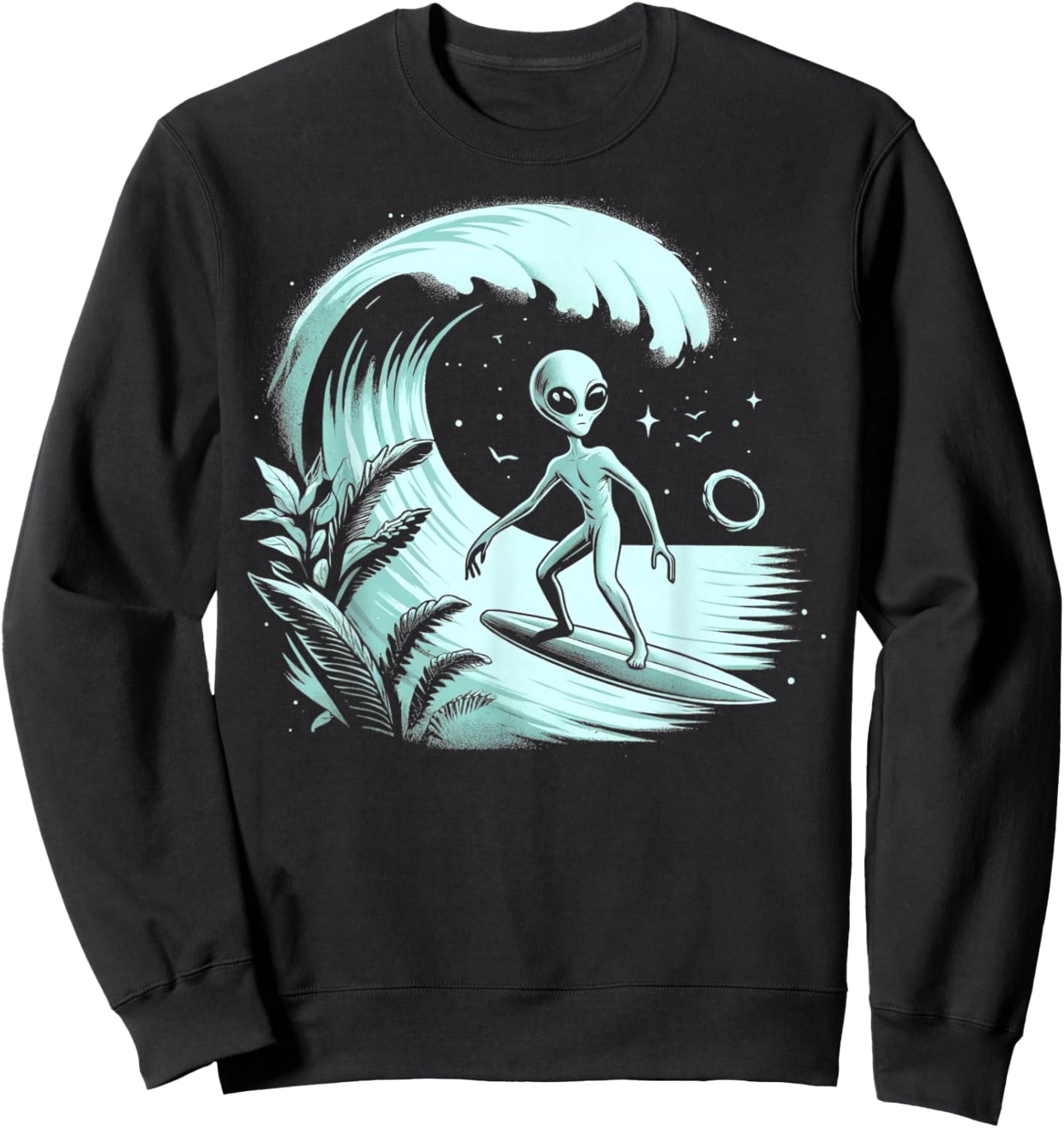 Alien Surfing Wave at Tropical Ocean Vintage Surf Sweatshirt - Sweatshirt | Black