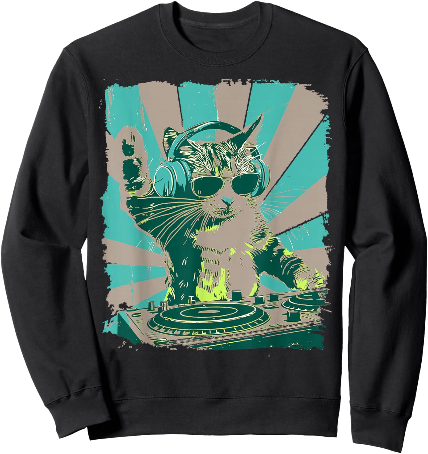 Funny Cat with Headphones & Sunglasses Vintage Art Sweatshirt - Sweatshirt | Black