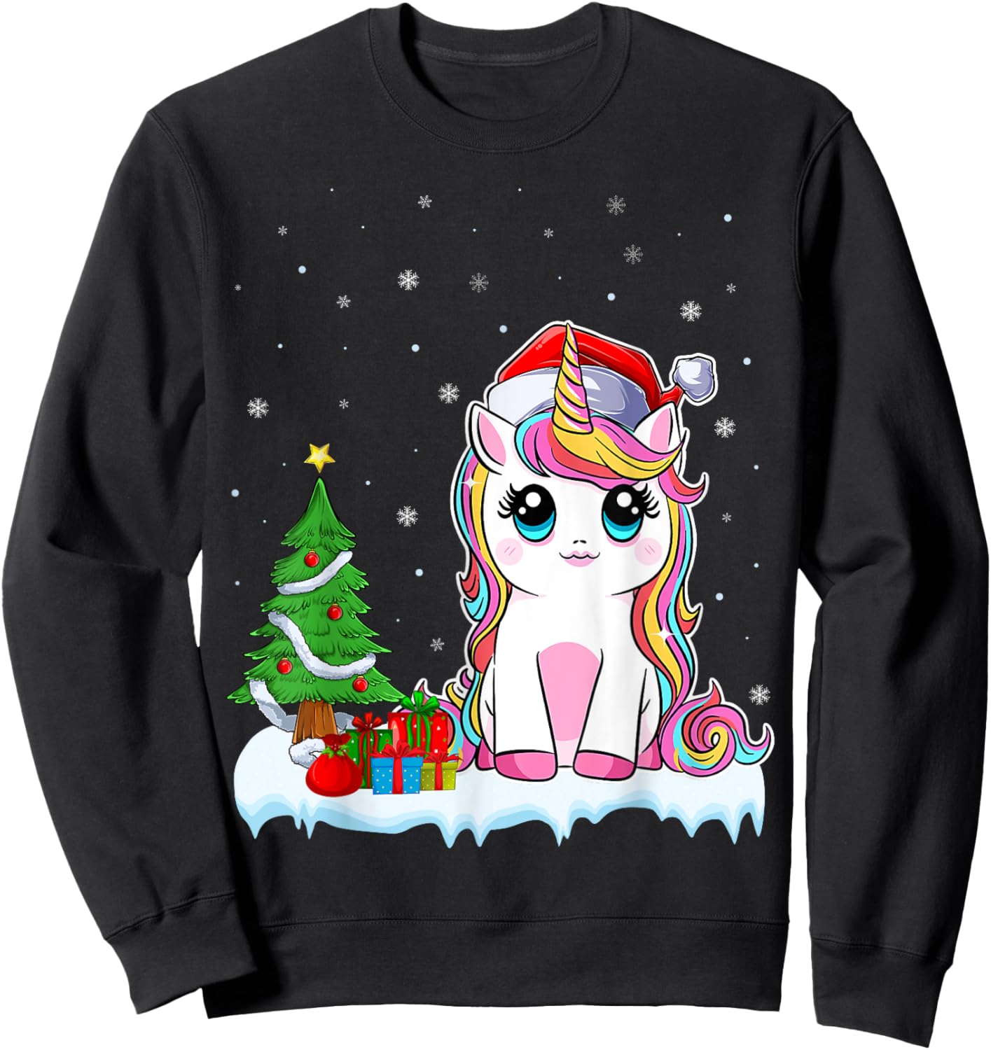 Unicorn Christmas For Girls Kids Santa Unicorn Xmas Tree Sweatshirt - Sweatshirt | Black
