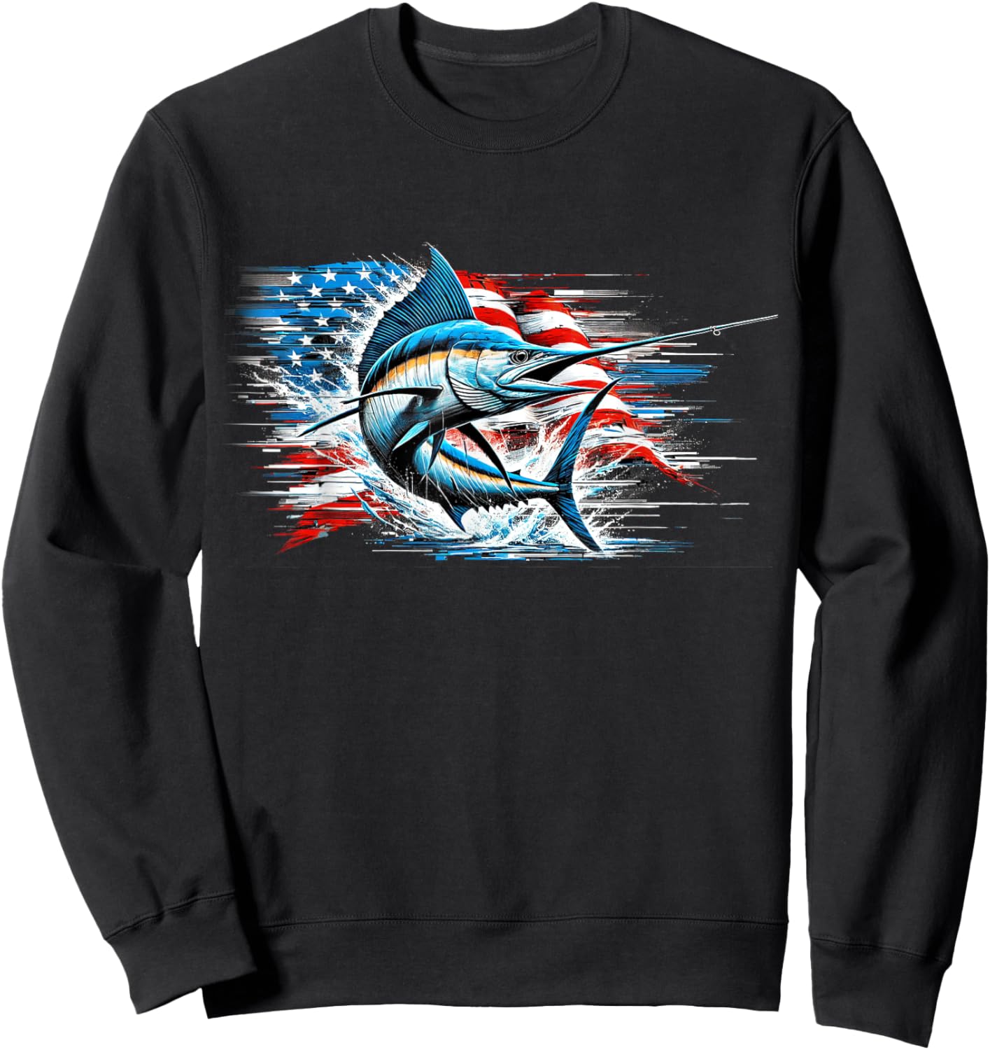 Fishing Marlin Swordfish Fish 4th of July American Flag USA Women Men Sweatshirt - Sweatshirt | Black