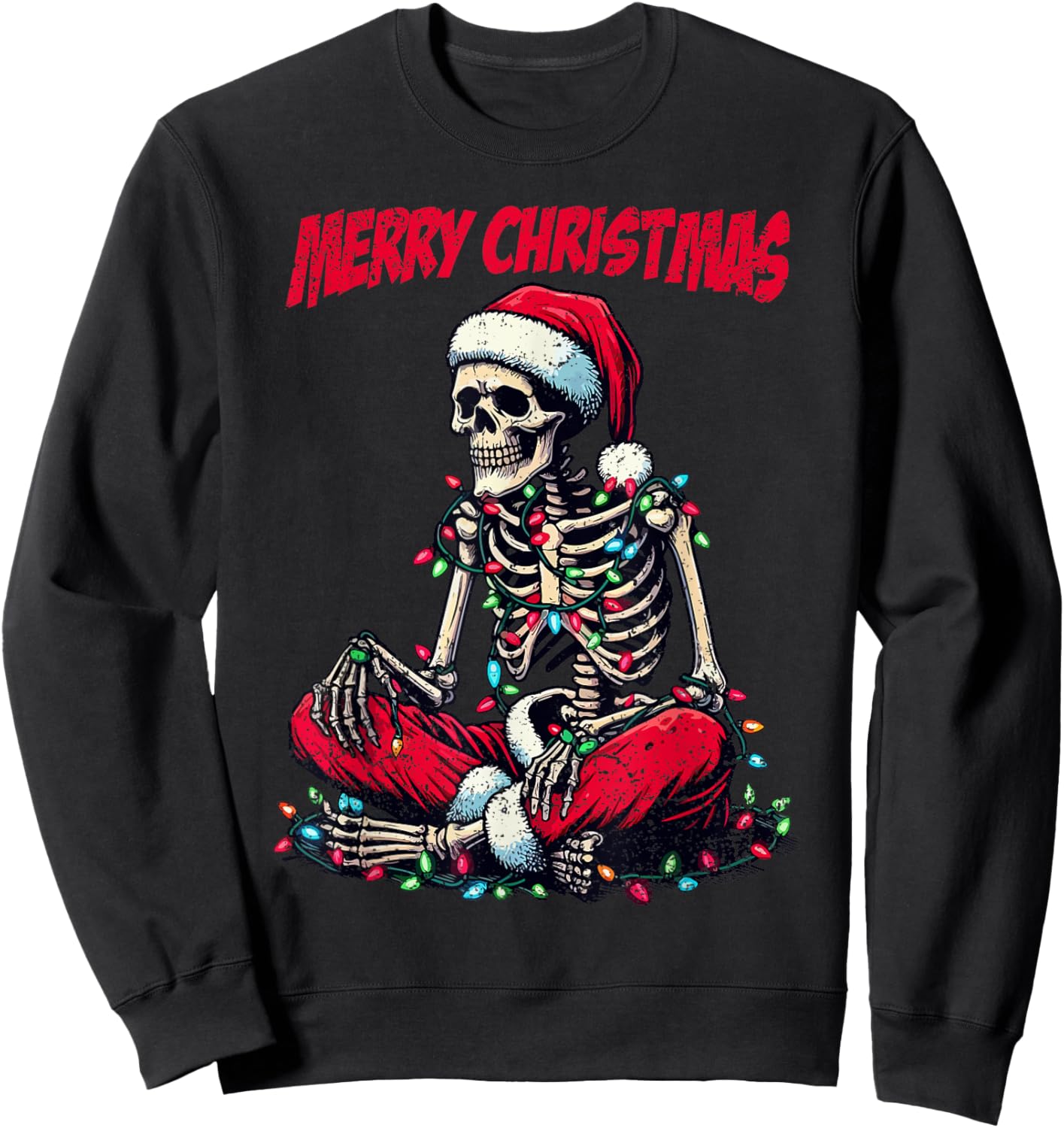 Skeleton Santa Hat Merry Christmas X-mas Lights Holiday Sweatshirt - Sweatshirt | Black