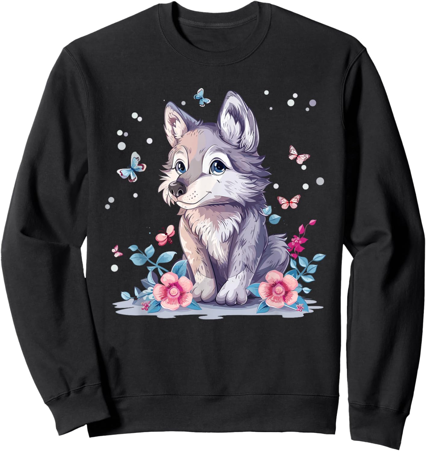 Cute Wolf With Flowers I Kids Wolf Sweatshirt - Sweatshirt | Black