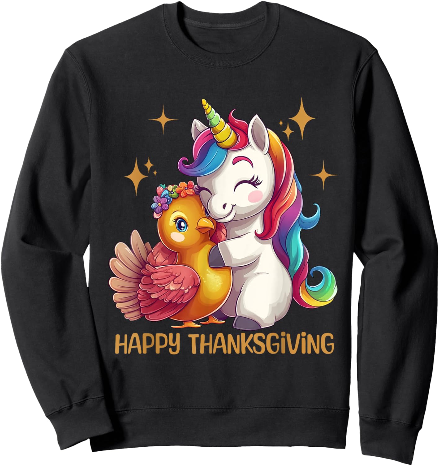 Happy Thanksgiving Shirt Girls Fall Unicorn Hugging Turkey Sweatshirt - Sweatshirt | Black