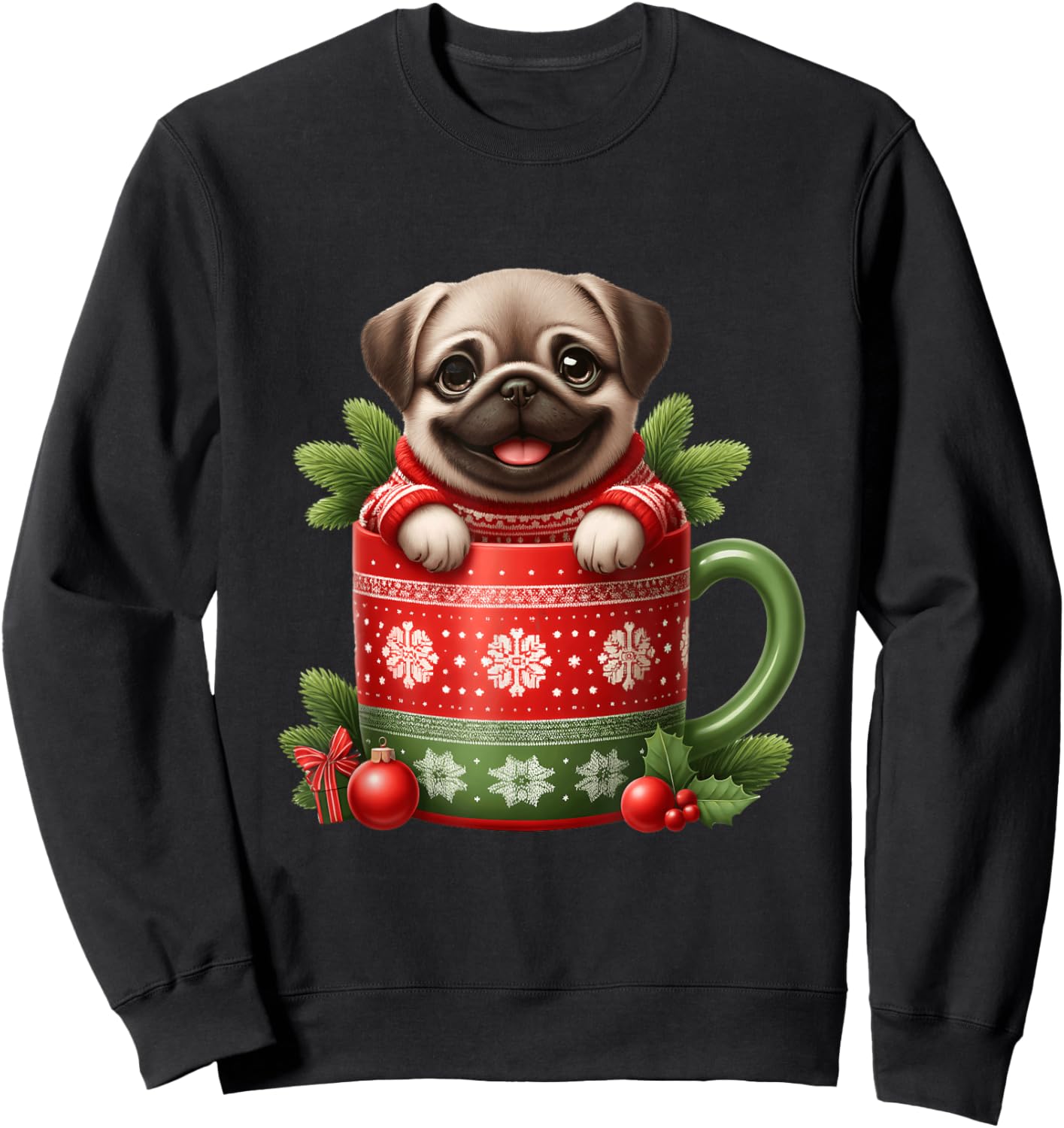 Joyful Pug in Festive Mug Cozy Christmas Sweatshirt - Sweatshirt | Black