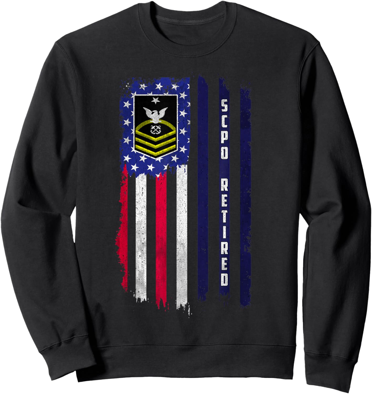 Retired E-8 Senior Chief Petty Officer Rank American Flag Sweatshirt - Sweatshirt | Black