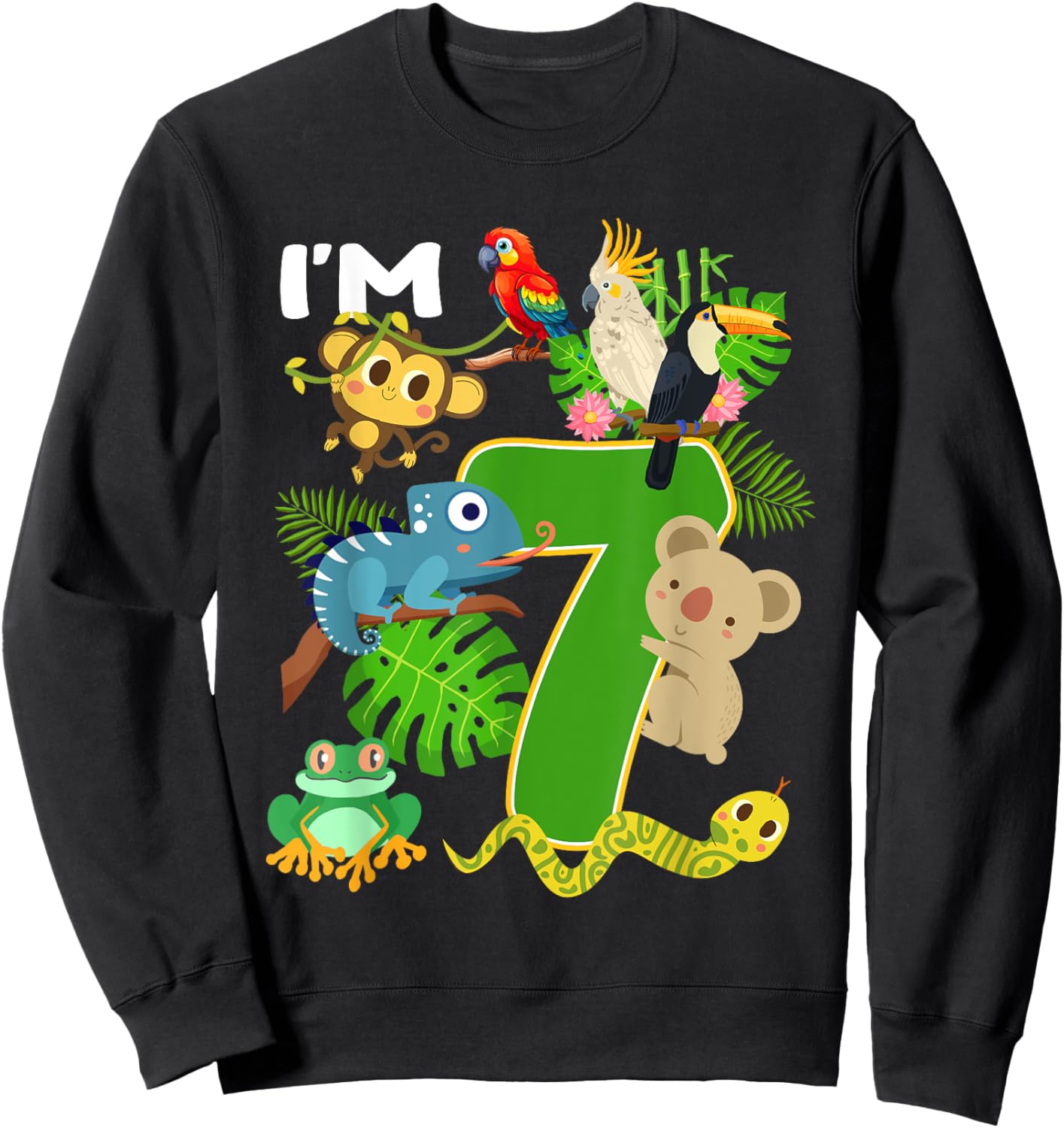 I'm 7 Year Old Birthday Rainforest Animals 7th Bday Kids Sweatshirt - Sweatshirt | Black