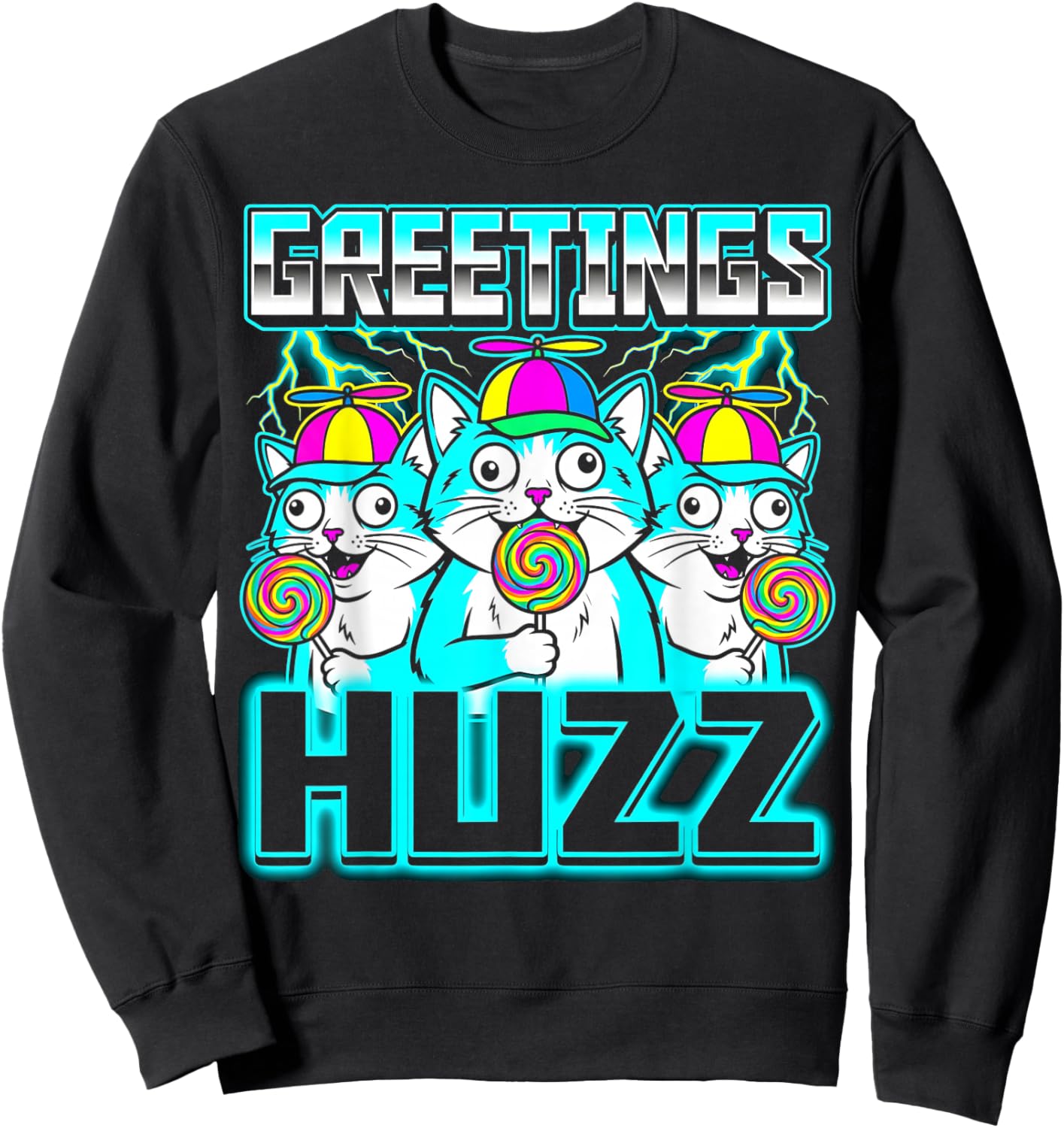 Greetings Huzz Meme Brainrot Cat Funny Gen Z Alpha Slang Sweatshirt - Sweatshirt | Black