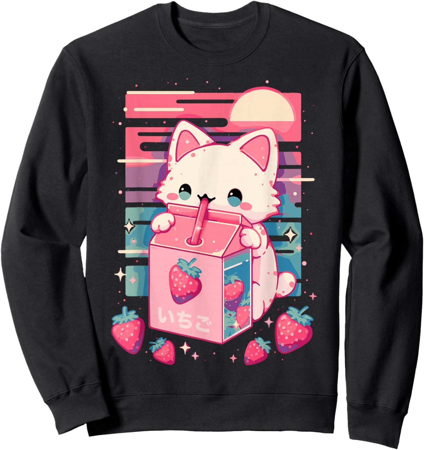 Cat Strawberry Milk Anime 90s Japanese Cat Japan Sweatshirt - Sweatshirt | Black