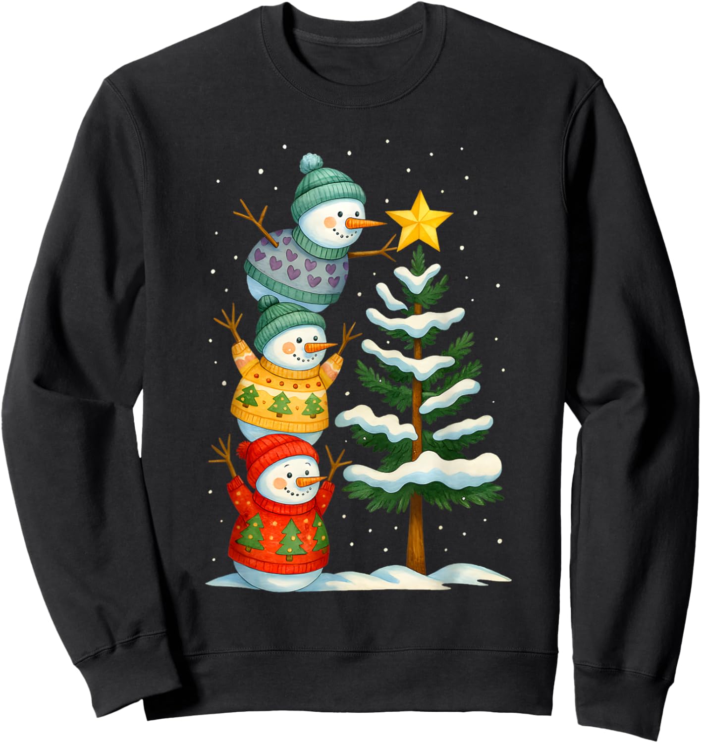 Funny Christmas Snowman Topper Tree Holiday Family Men Women Sweatshirt - Sweatshirt | Black