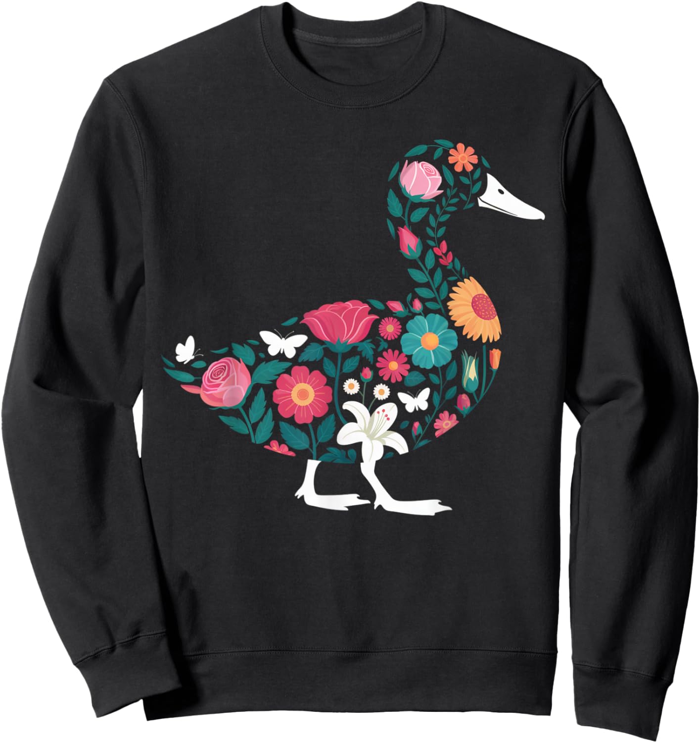 Colorful Flowers Duck Stuff Cute Duck Jersey Floral Duck Sweatshirt - Sweatshirt | Black