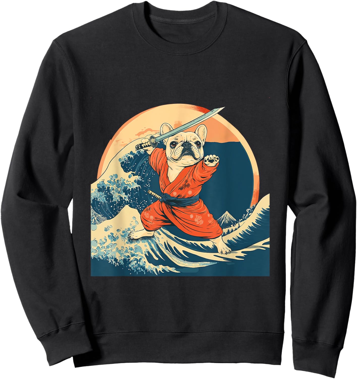 Tan French Bulldog Samurai Warrior Vintage Japanese Art Men Women Kids Sweatshirt - Sweatshirt | Black