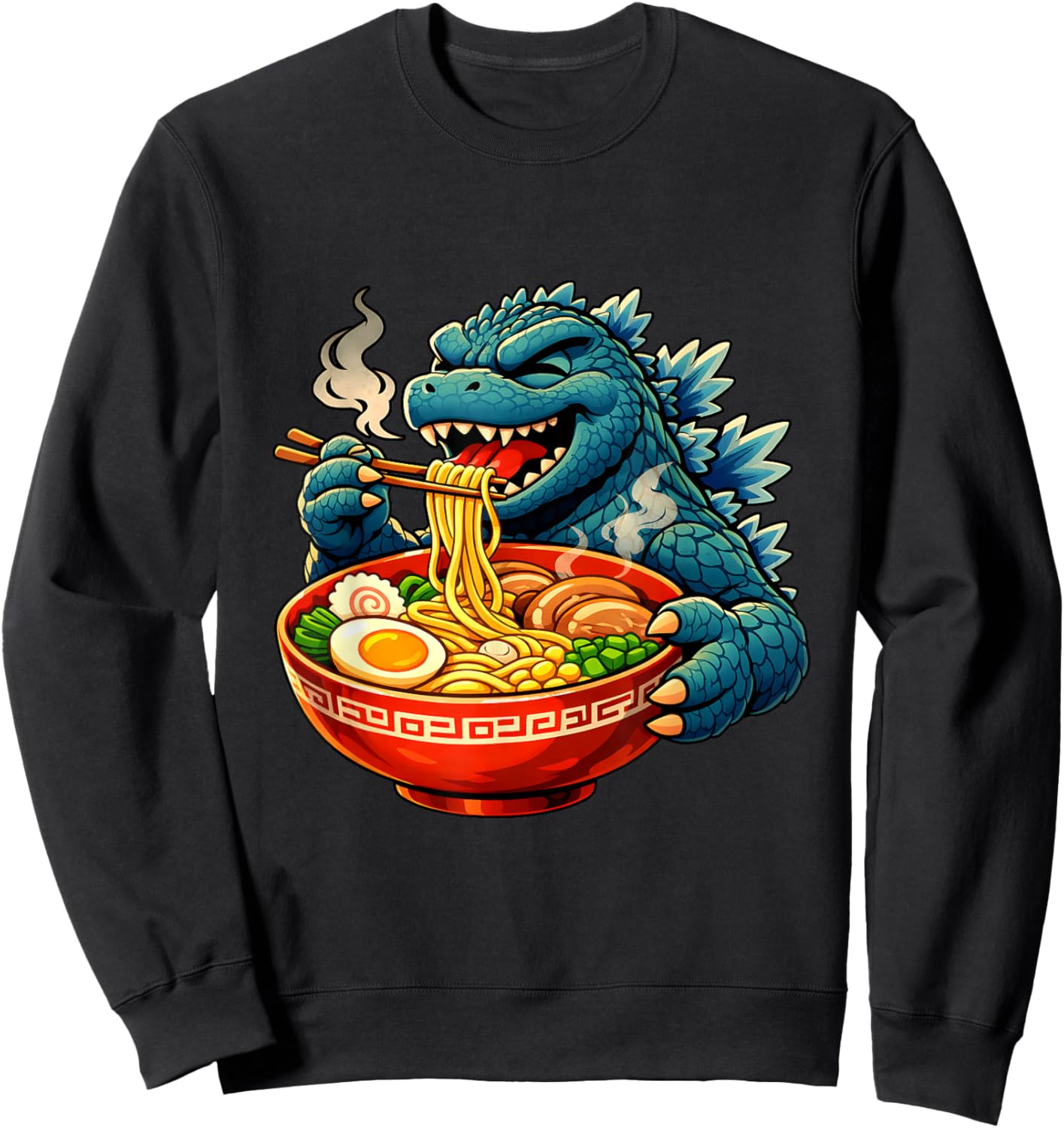 Cute Kaiju Eating Ramen Playful Food Lover Sweatshirt - Sweatshirt | Black