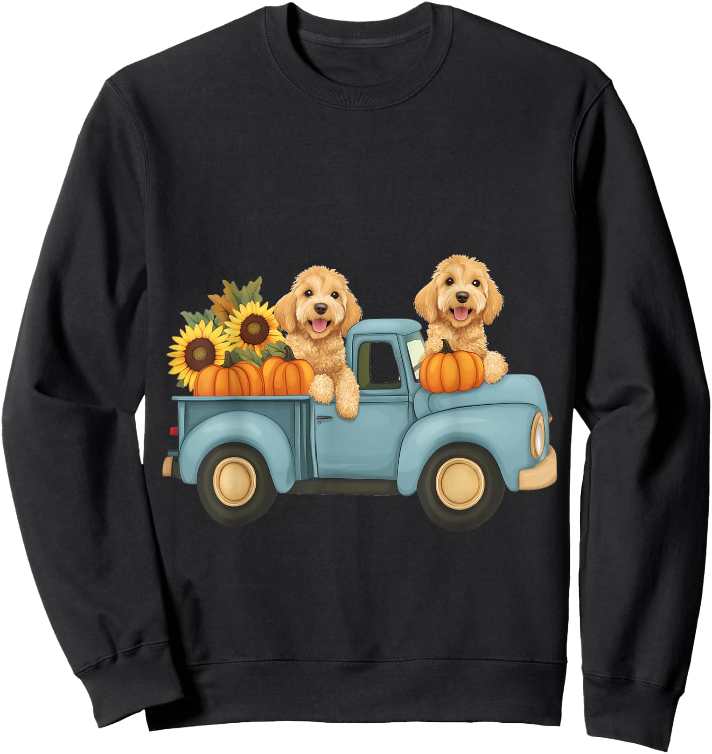 Cute Autumn Goldendoodle Dogs Pumpkin Truck Fall Sunflowers Sweatshirt - Sweatshirt | Black