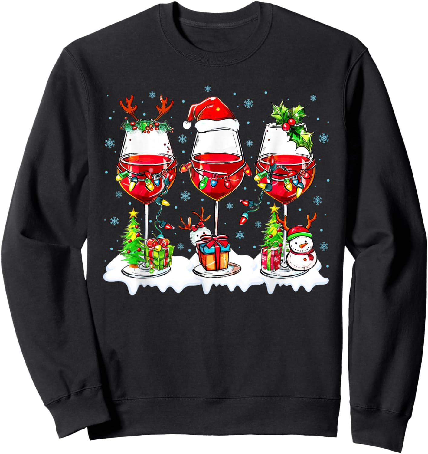 Wine Glass Santa Hat Xmas Funny Christmas 2025 Men Women Sweatshirt - Sweatshirt | Black