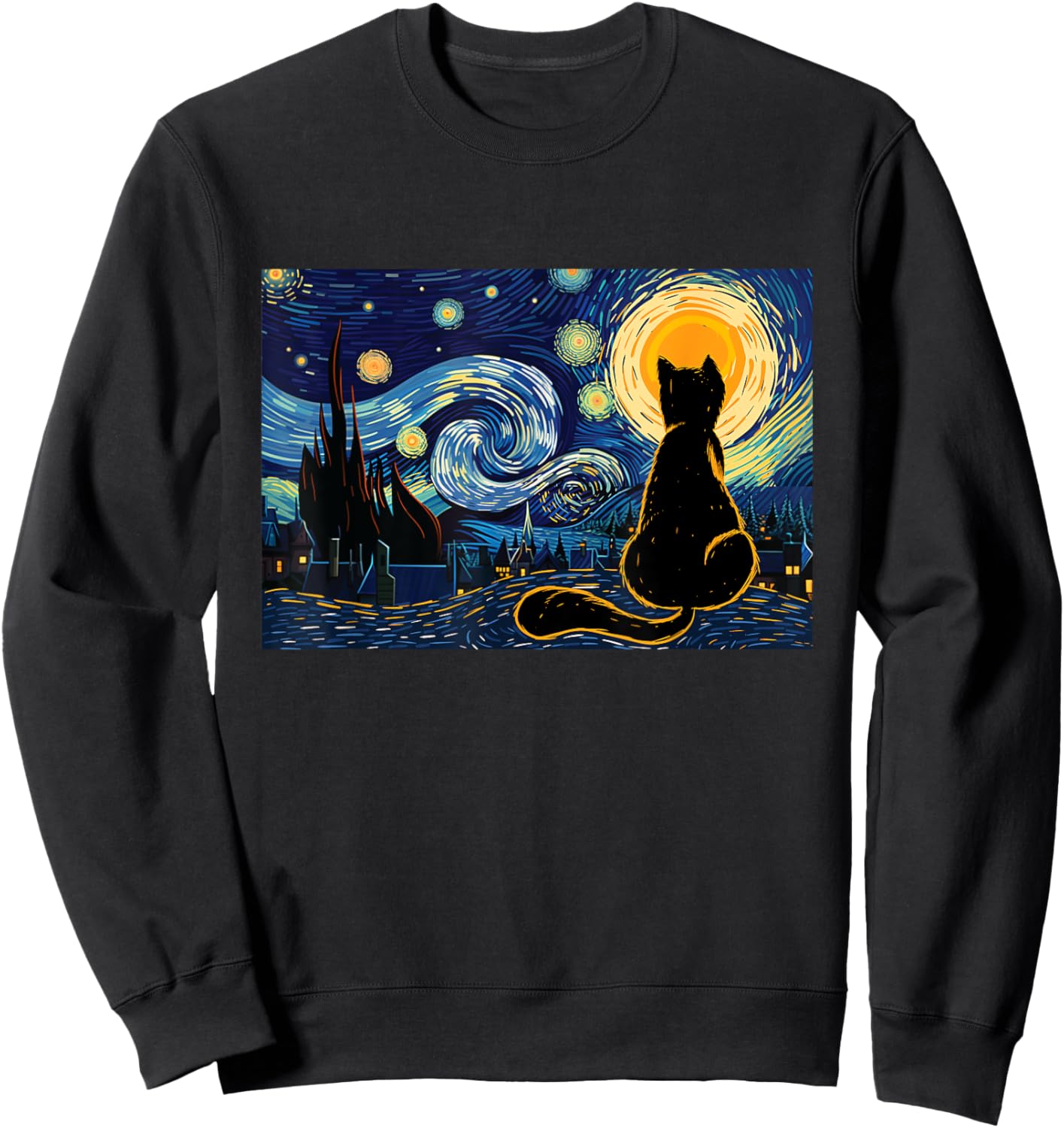 Cat Lookig At Starry Night - Cat Lover Kitten Owner Kitty Men Women Girls Kids Sweatshirt - Sweatshirt | Black