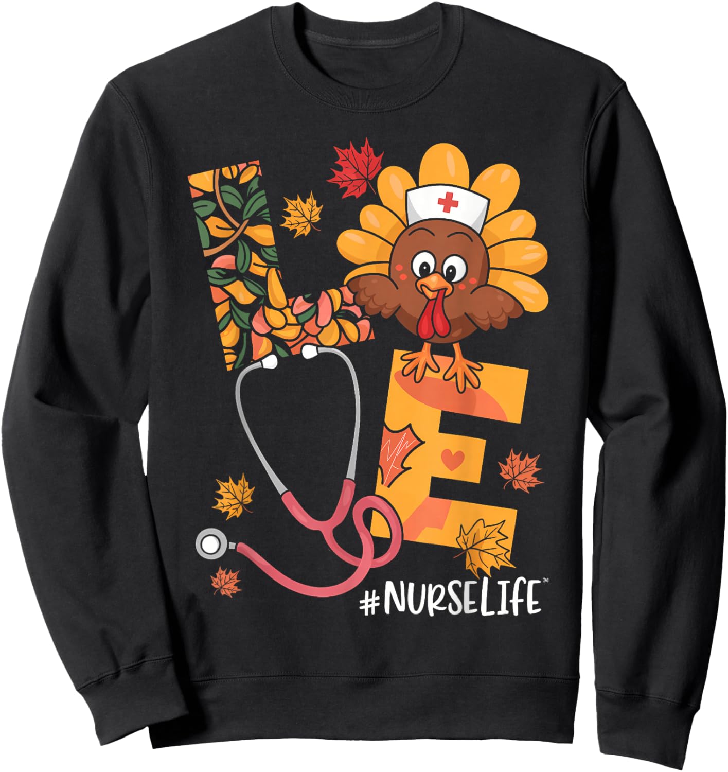 Turkey Nurse Thanksgiving Fall Scrub Nursing RN ICU ER Nicu Sweatshirt - Sweatshirt | Black