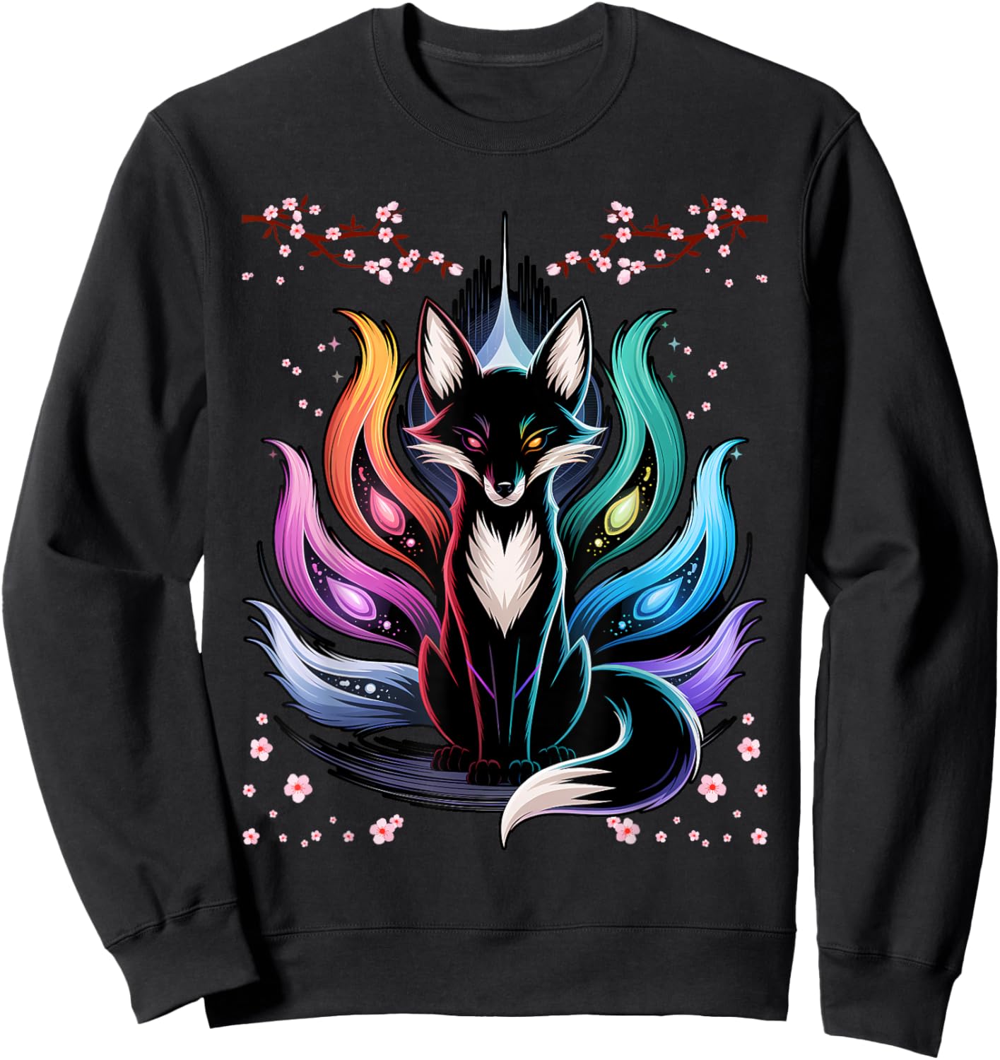Japanese Fox Kitsune Seven Elements Cherry Flower Blossom Sweatshirt - Sweatshirt | Black