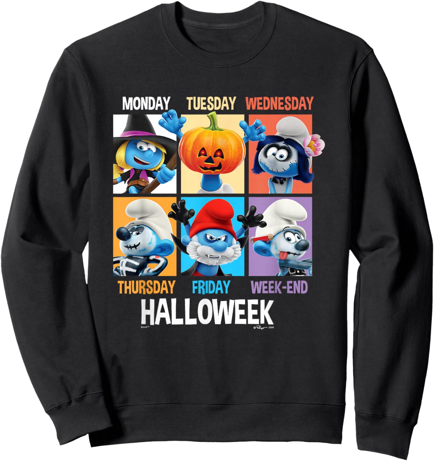 The Smurfs Halloween Hallowek Group Shot Big Chest Panels Sweatshirt - Sweatshirt | Black