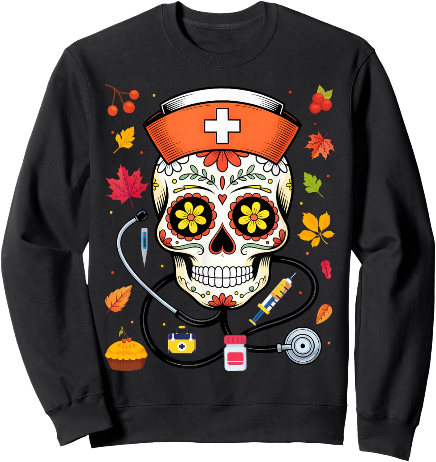 Sugar Skull Nurse Mexican Thanksgiving Fall Autumn Scrub Top Sweatshirt - Sweatshirt | Black