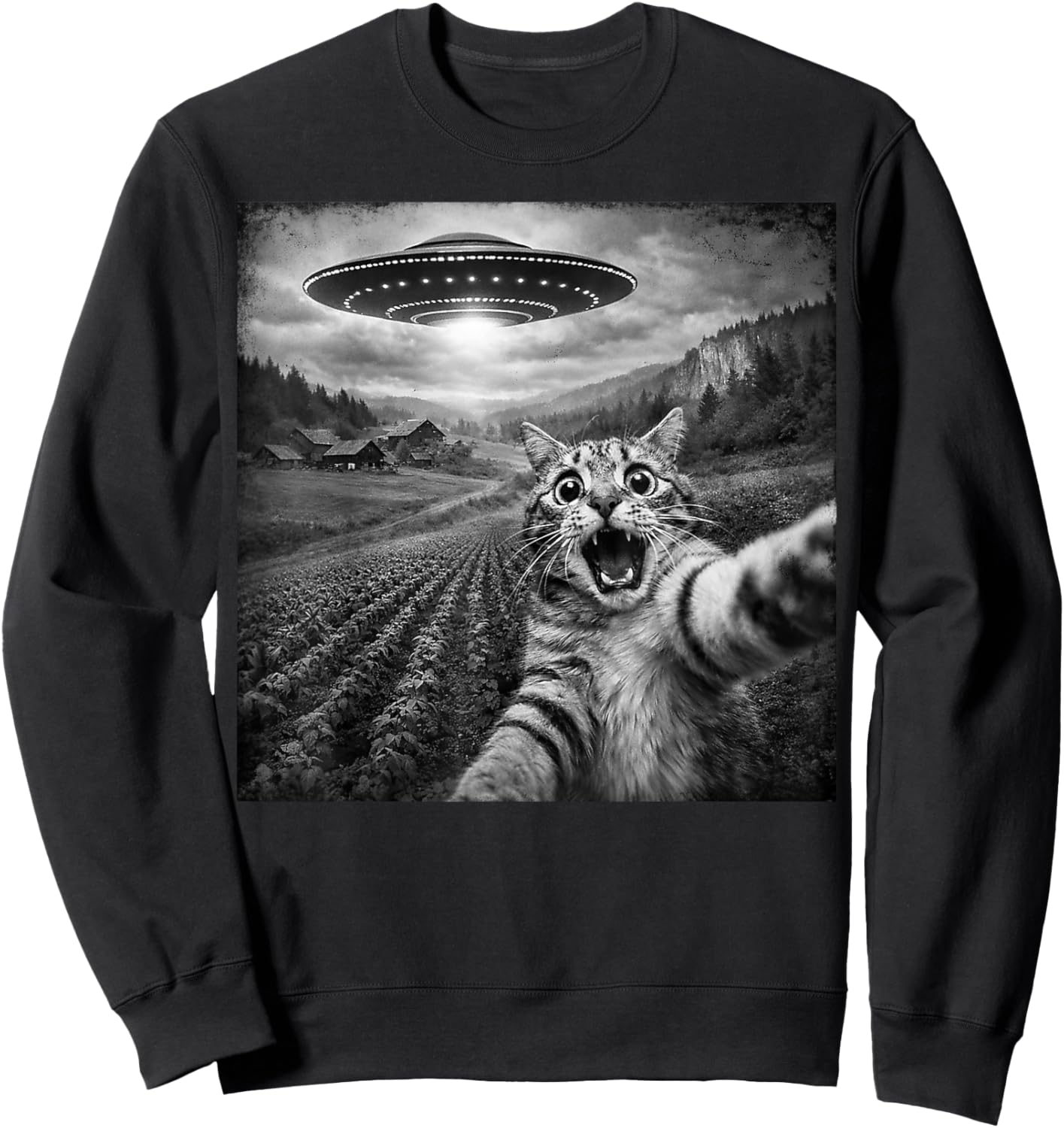 UFO Shirt Men Women Funny Cat Alien UFO Sweatshirt - Sweatshirt | Black