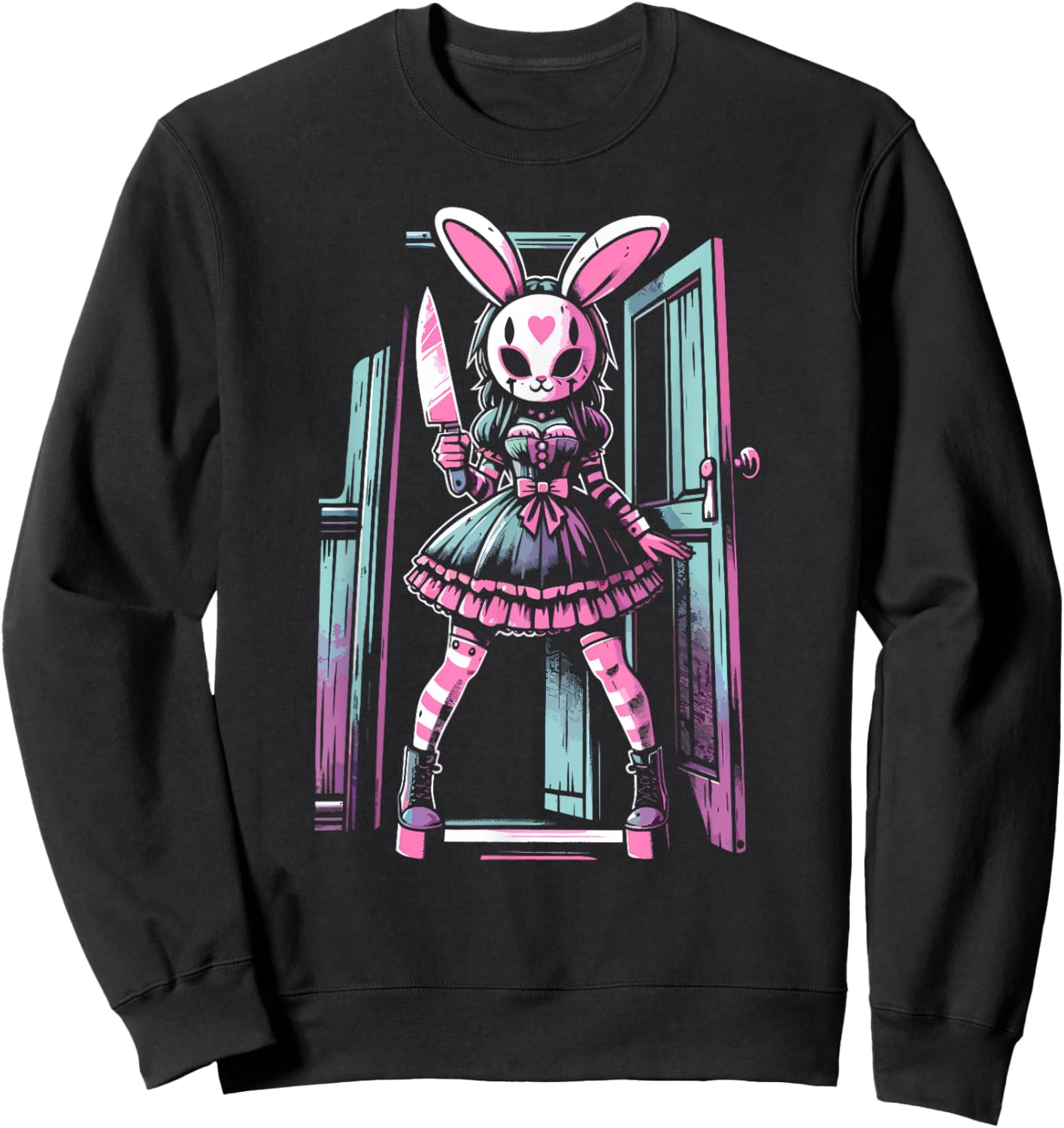 Pastel Goth Bunny Mask Girl Horror Slasher Anime Alt Rabbit Sweatshirt - Sweatshirt | Black