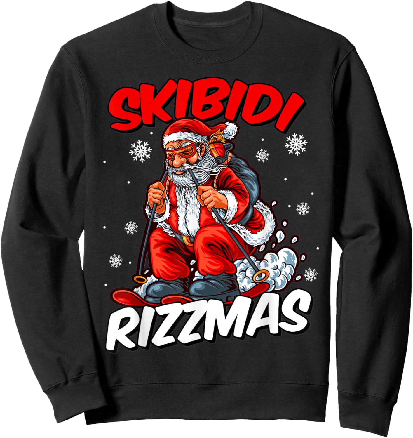 Retro Skibidi Rizzmas Funny Santa Clause Skiing_Xmas Sweatshirt - Sweatshirt | Black