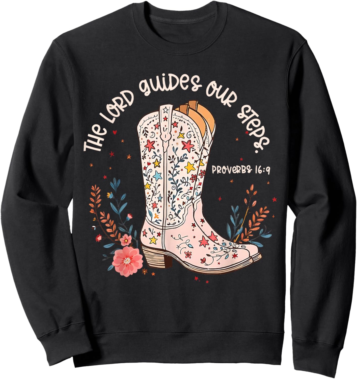 The Lord Guides Our Steps Walk by Faith Wildflower Boots Sweatshirt - Sweatshirt | Black