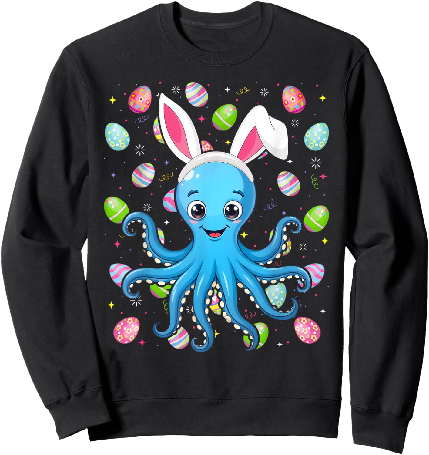 Octopus Happy Easter Egg Hunt Bunny Ear Octopus Easter Sweatshirt - Sweatshirt | Black