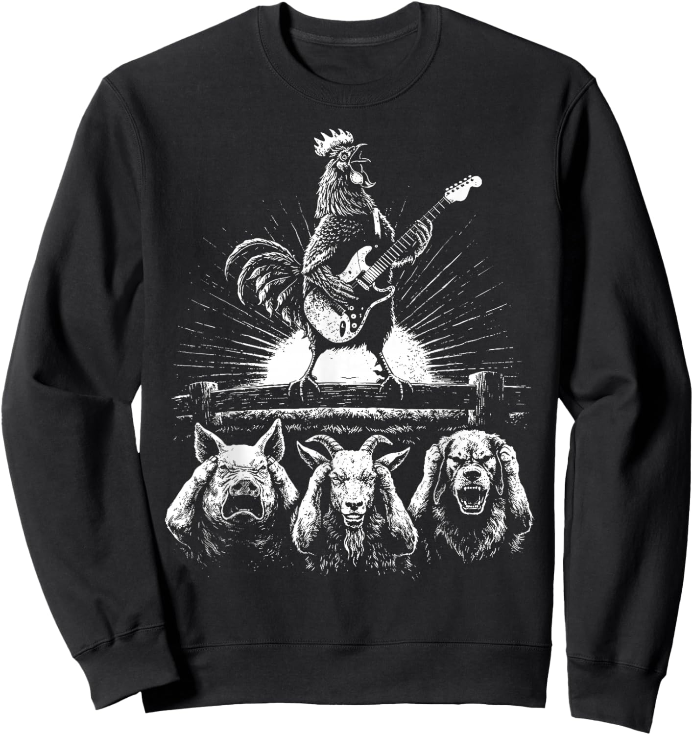 Funny Rooster Playing Electric Guitar Loud Rock Music Alarm Sweatshirt - Sweatshirt | Black