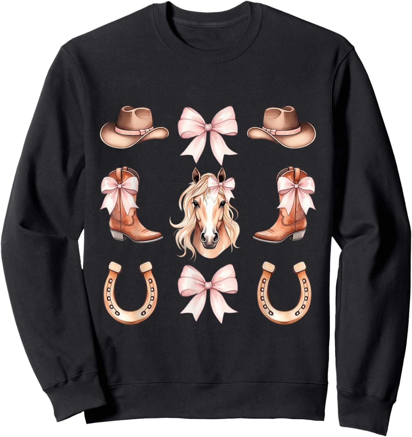 Coquette Cowgirl Aesthetic Horse and Boots with Pink Bows Sweatshirt - Sweatshirt | Black