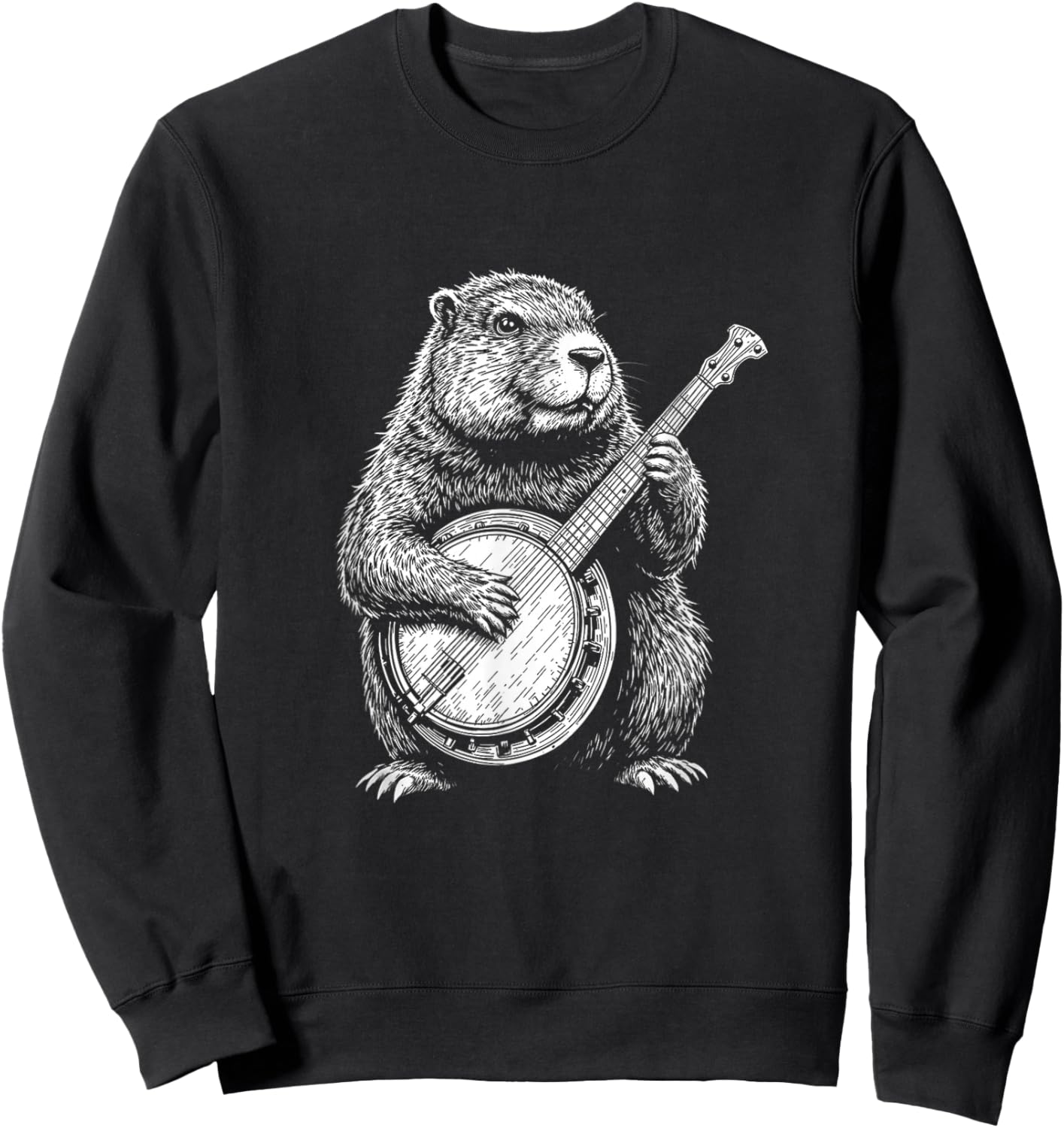 Groundhog Retro Cute Groundhog Playing the banjo instrument Sweatshirt - Sweatshirt | Black