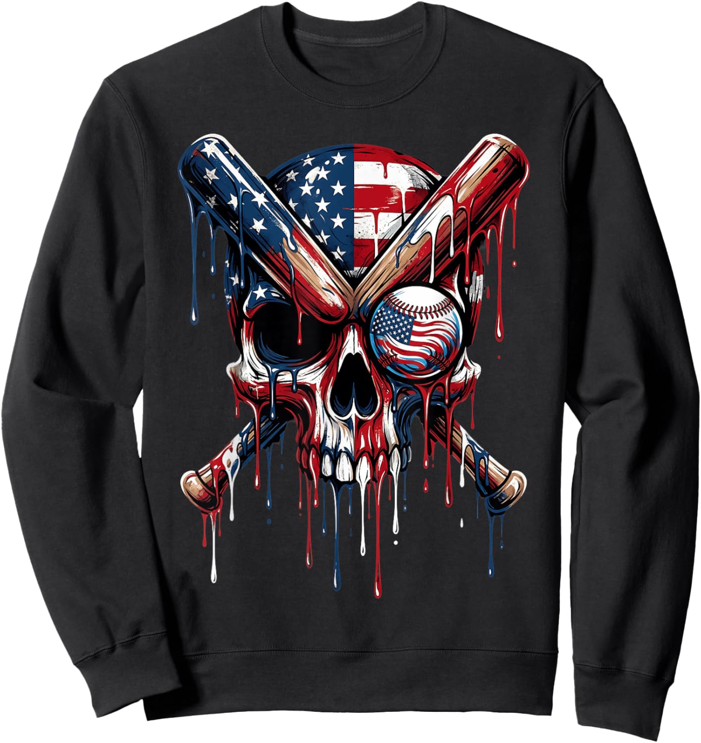 Drip Baseball American Flag Skull Dripping Baseball Player Sweatshirt - Sweatshirt | Black
