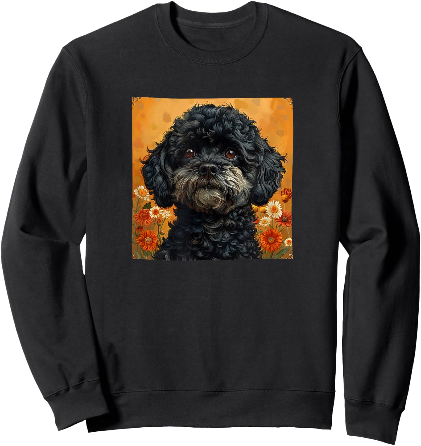 Black Poodle With Flowers Around Boho Style Graphic Sweatshirt - Sweatshirt | Black
