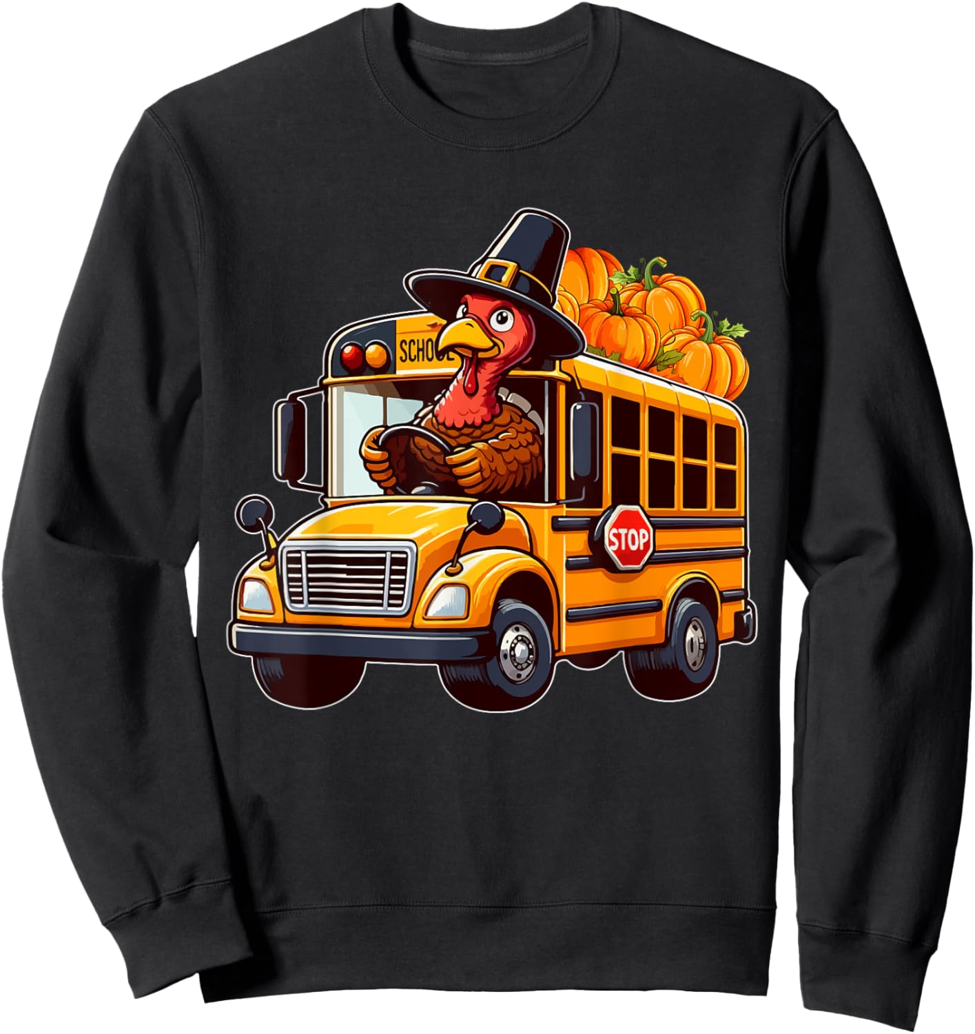 Turkey Driving School Bus Thanksgiving Driver Fall Pumpkins Sweatshirt - Sweatshirt | Black
