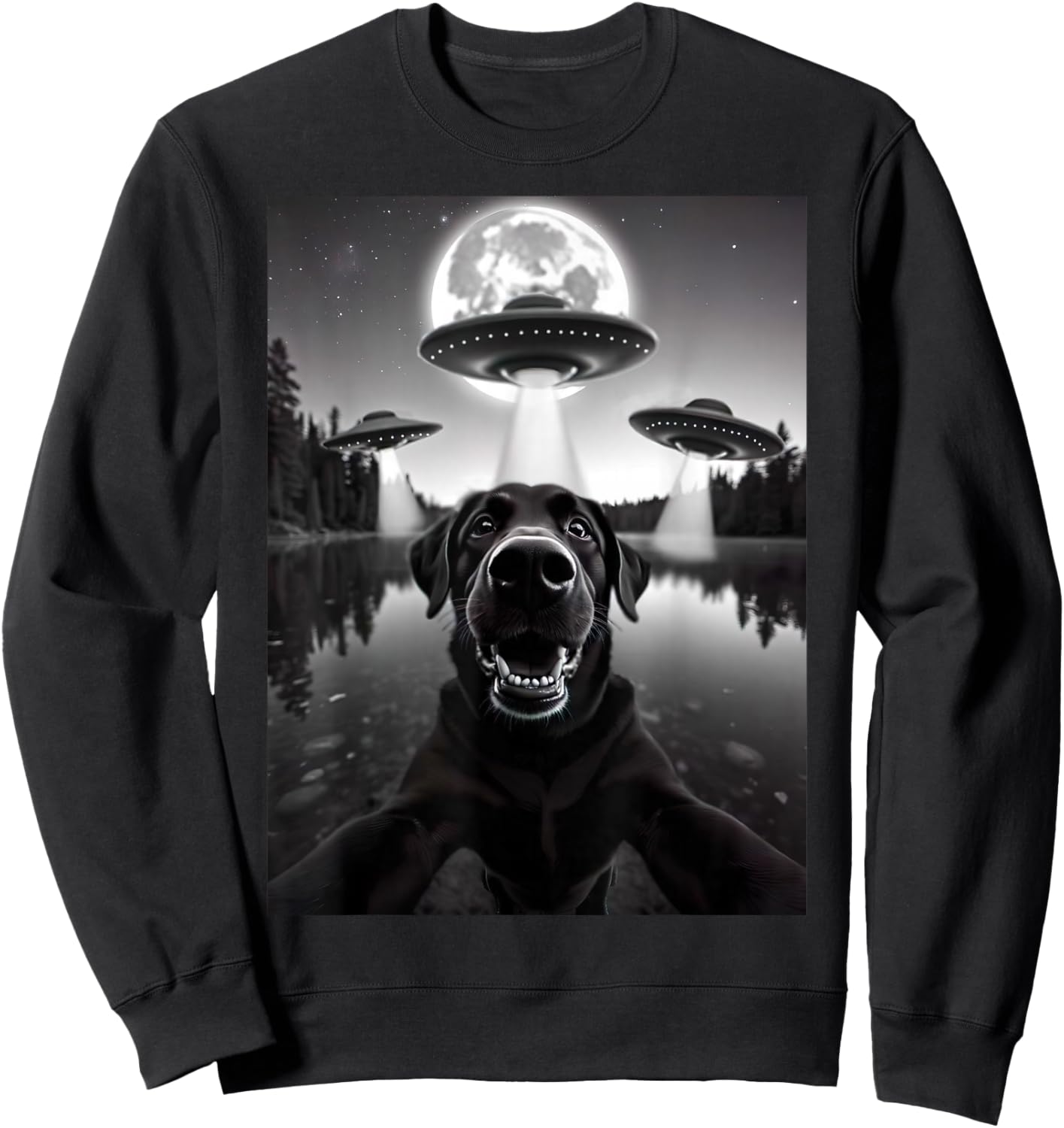 Funny Black Lab Labrador Dog Selfie with UFOs Weird Aliens Sweatshirt - Sweatshirt | Black