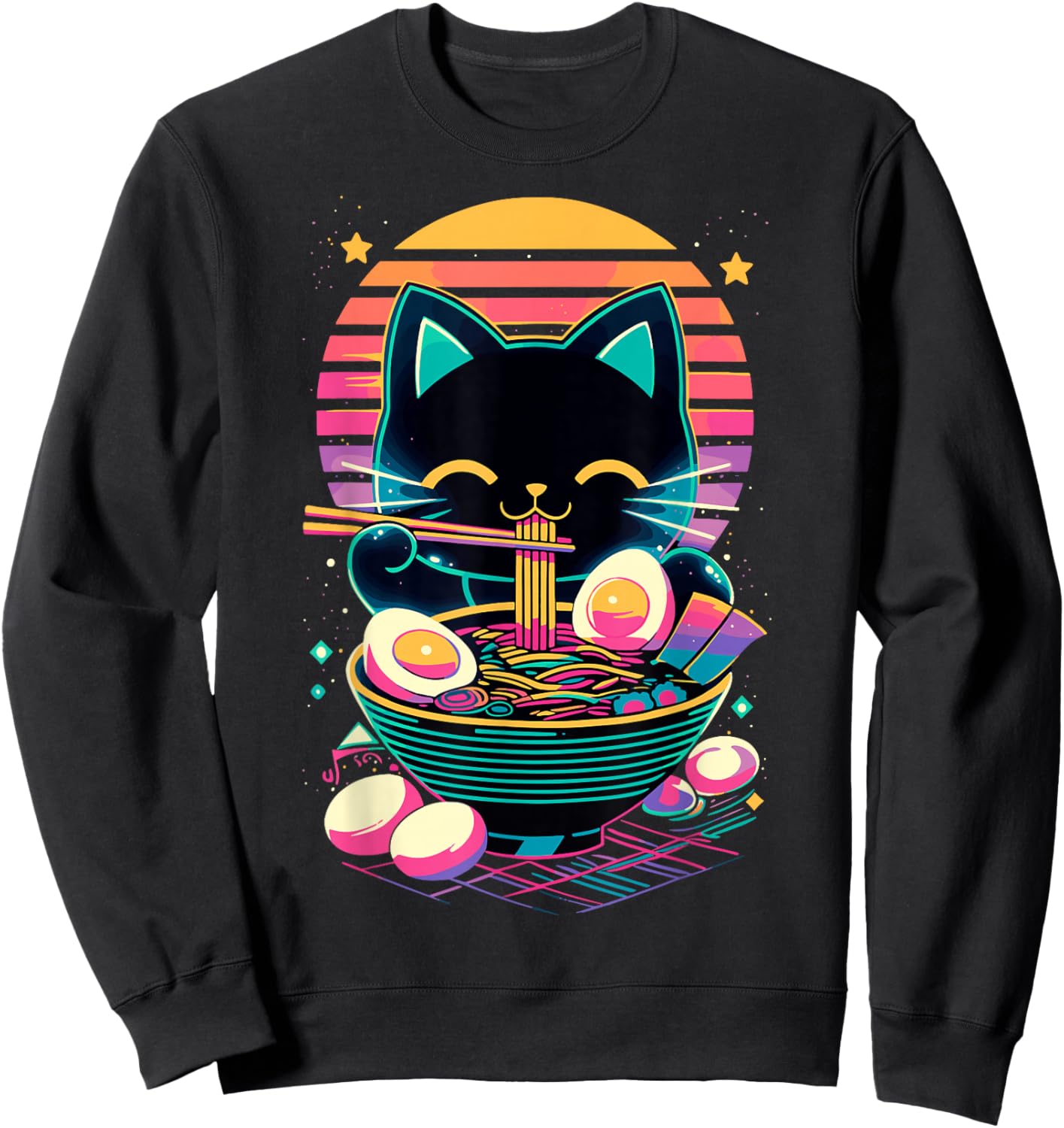 Anime Cat Eating Ramen Japanese Ramen Cat Japan Sweatshirt - Sweatshirt | Black