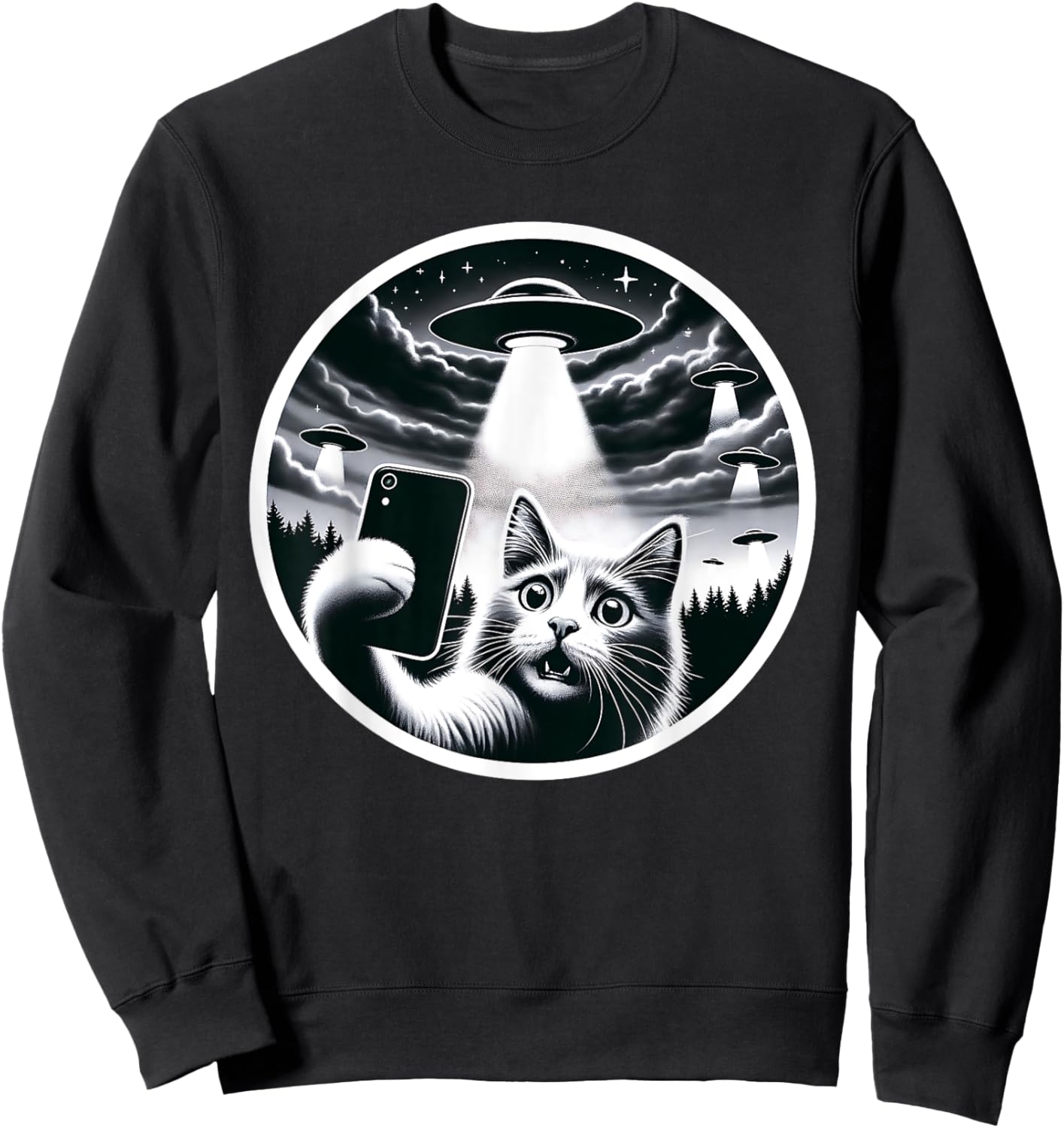 Whisker-ed Away: Cat's Hilarious UFO Abduction Selfie Sweatshirt - Sweatshirt | Black