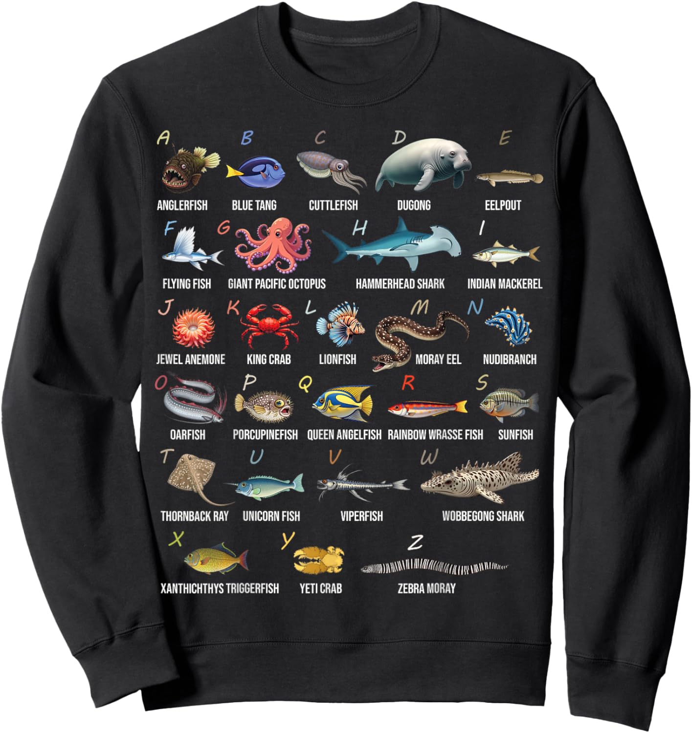 A-Z Ocean Life Alphabet Marine Creatures Exploration Sweatshirt - Sweatshirt | Black