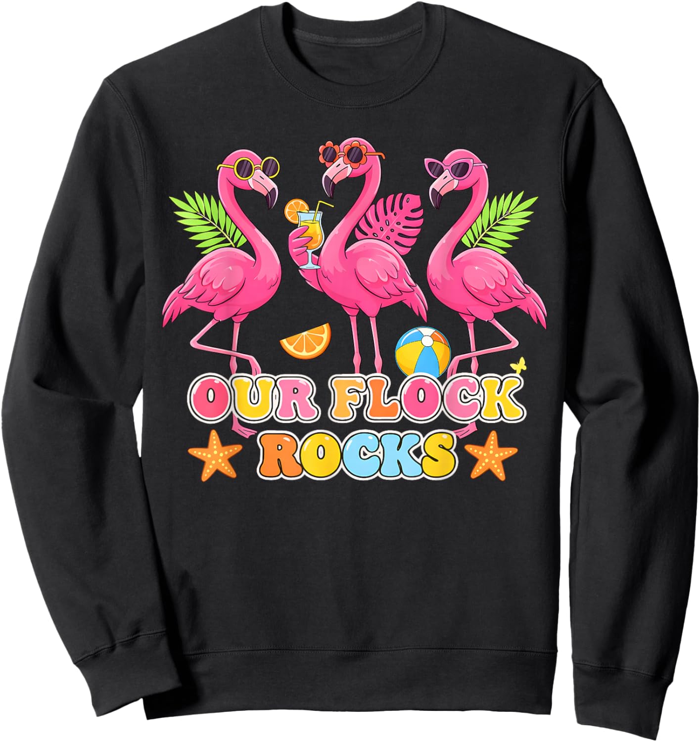 Pink Flamingo Our Flock Rocks Funny Family Vacation Group Sweatshirt - Sweatshirt | Black