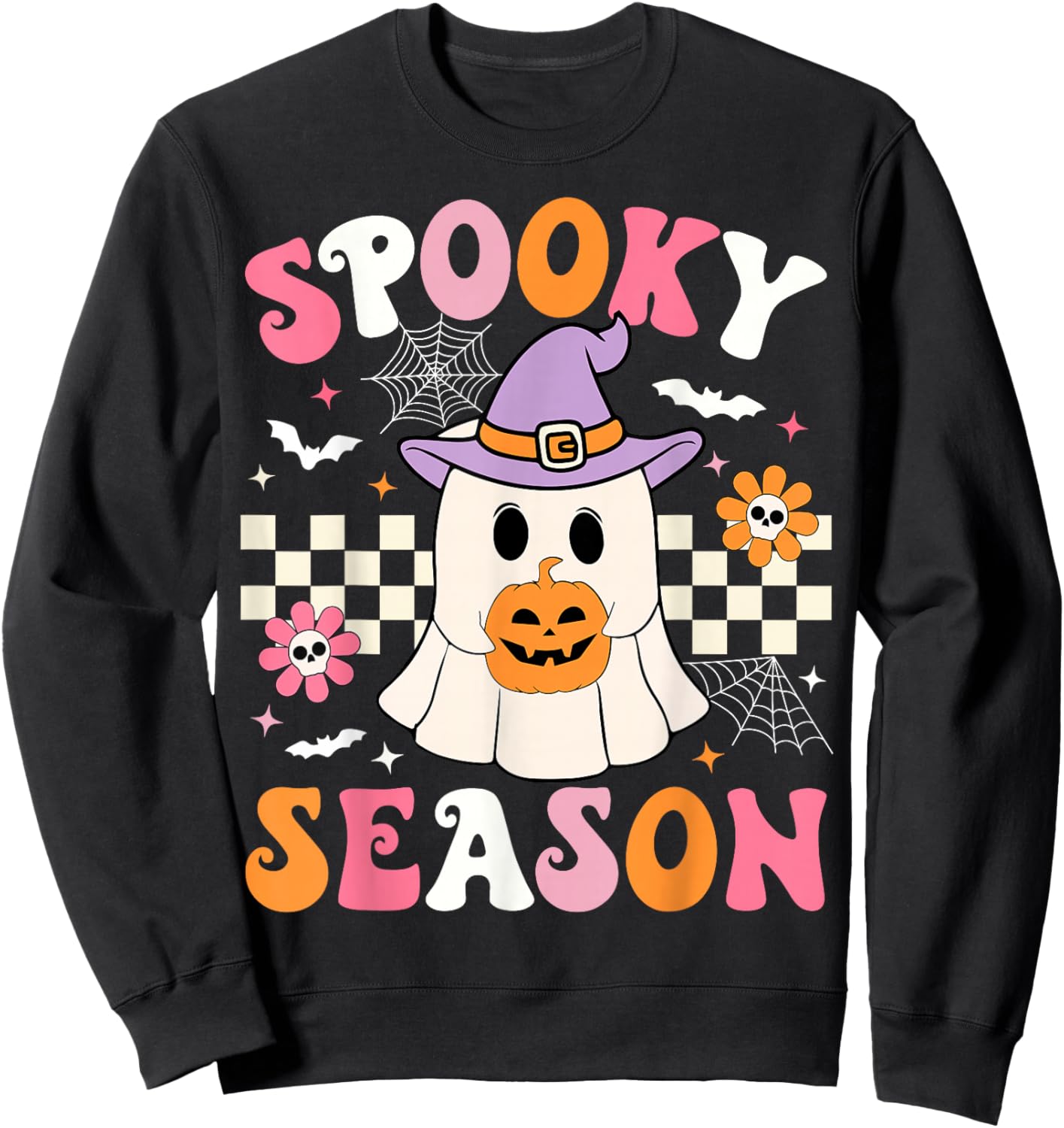 Spooky Season Ghost Holding Pumpkin Groovy Halloween Ghost Sweatshirt - Sweatshirt | Black