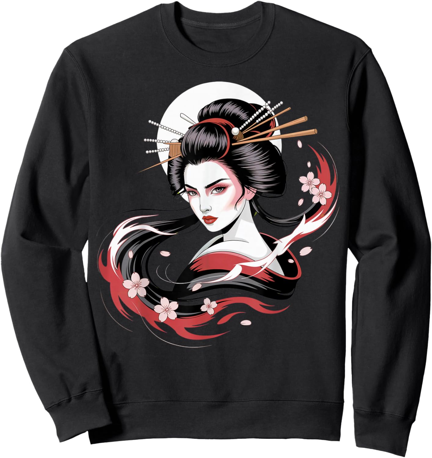 Red Sakura Flow Japanese Geisha Portrait Sweatshirt - Sweatshirt | Black