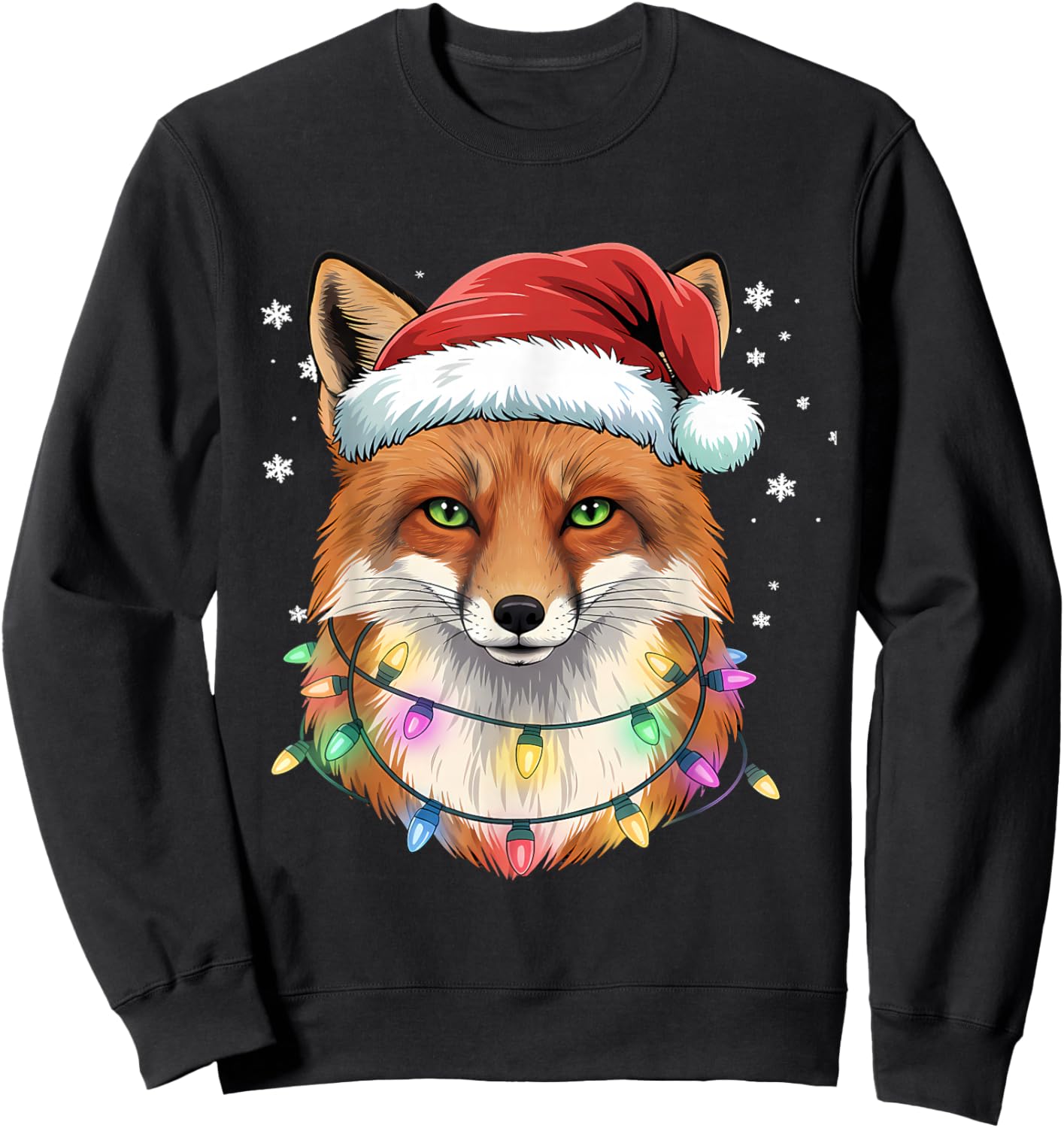 Christmas Lights Fox Santa Hat Cute Xmas Pajamas Sweatshirt - Sweatshirt | Black