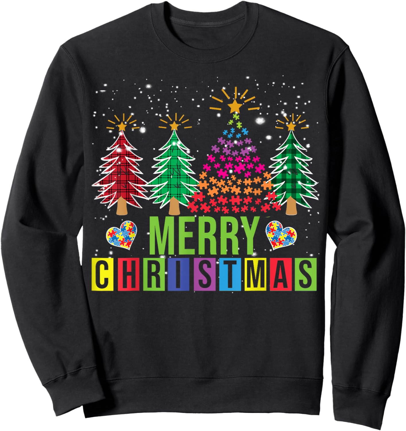 Autism Merry Christmas Tree Buffalo Plaid Matching Family Sweatshirt - Sweatshirt | Black