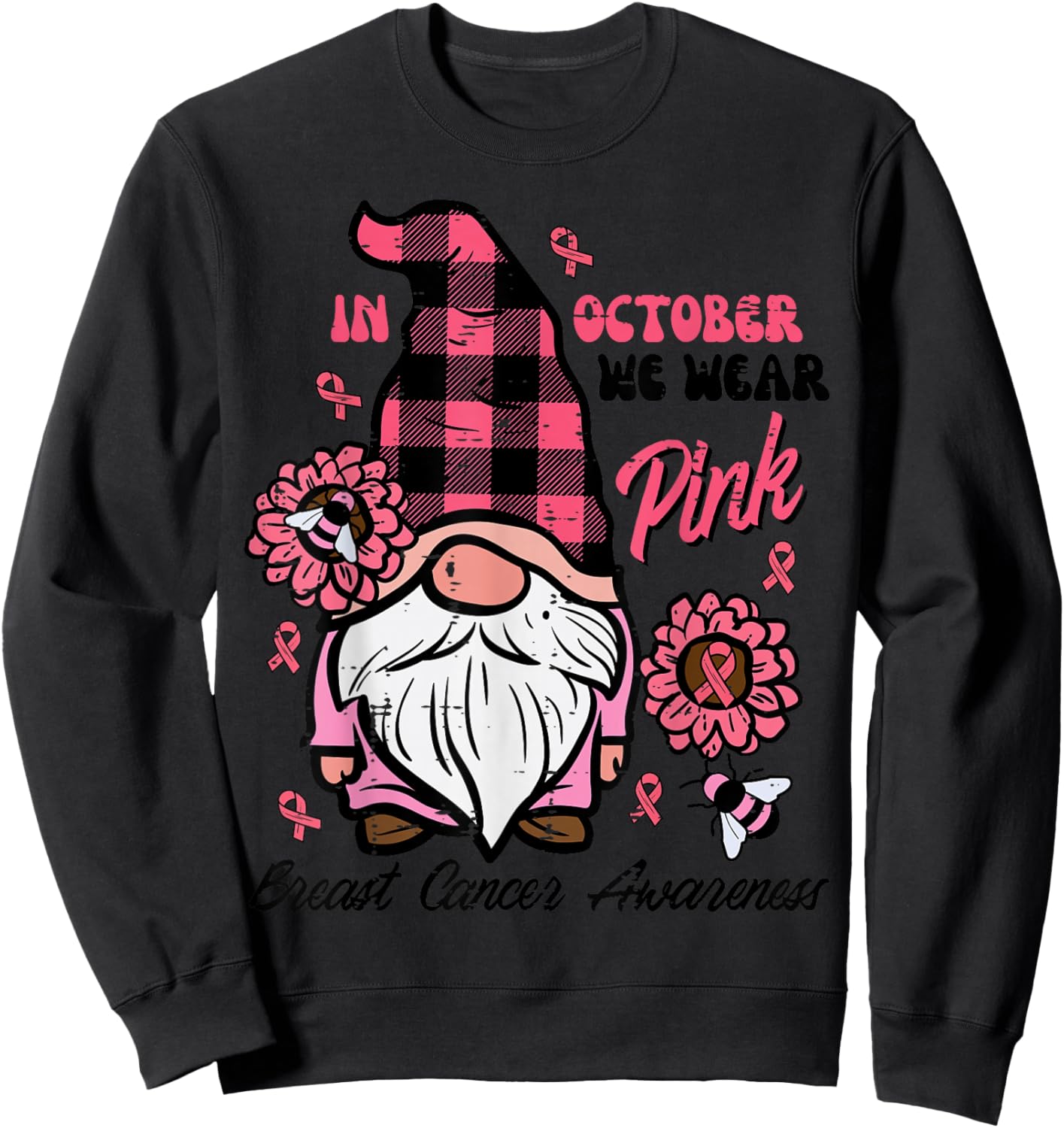 Breast Cancer Aware Gnome October We Wear Pink Women Kid Men Sweatshirt - Sweatshirt | Black