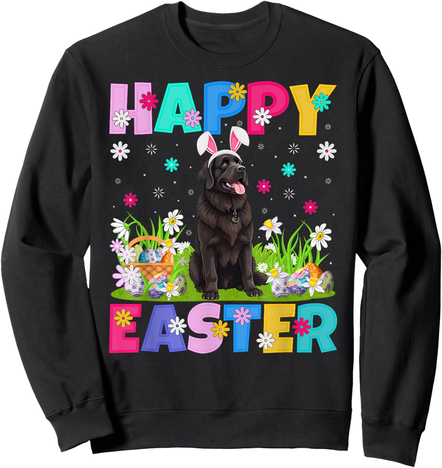 Newfoundland Dog Happy Easter Egg Hunt Bunny Ear Easter Sweatshirt - Sweatshirt | Black