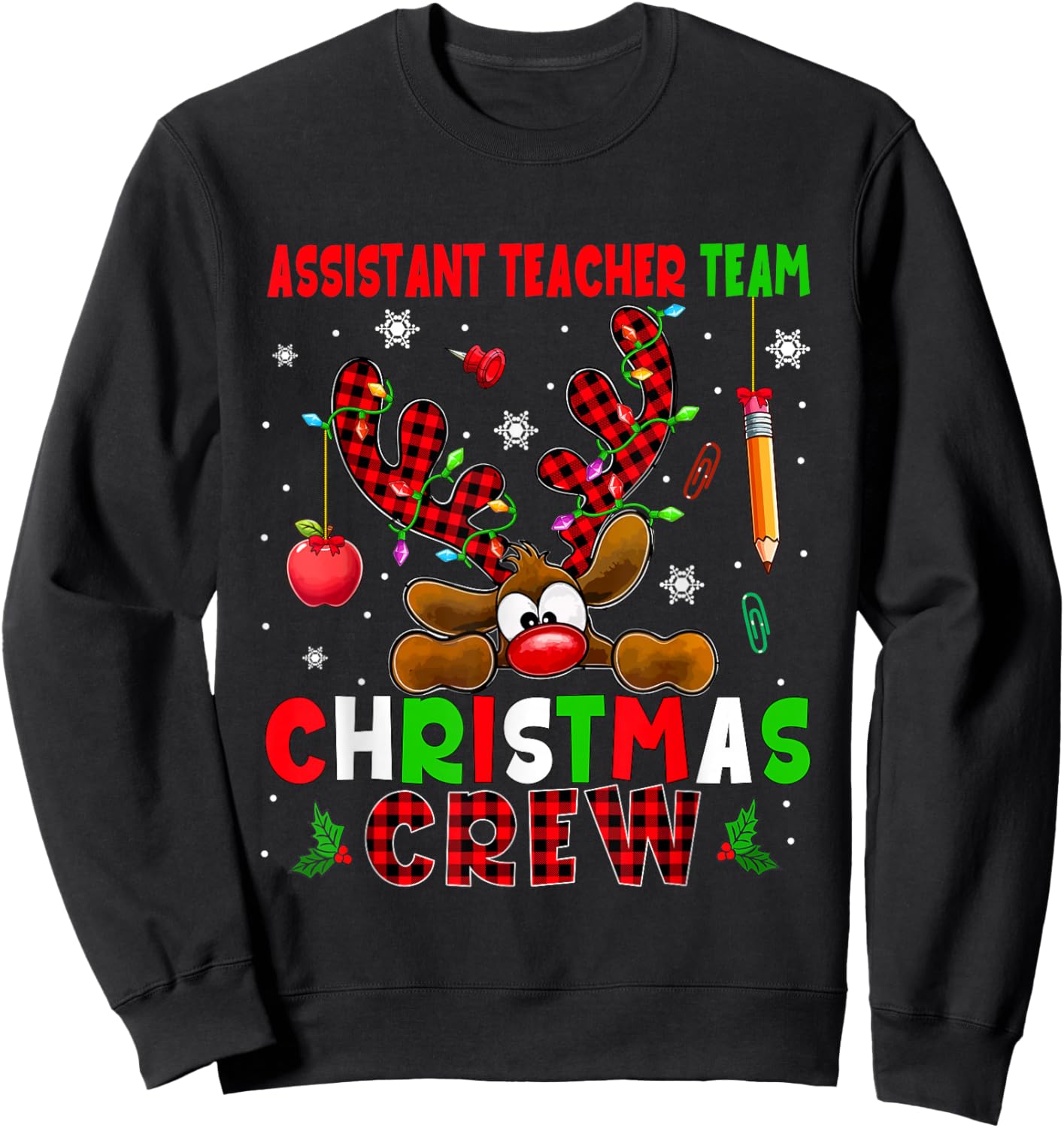 Assistant Teacher Team Christmas Crew Job Colorful Reindeer Sweatshirt - Sweatshirt | Black