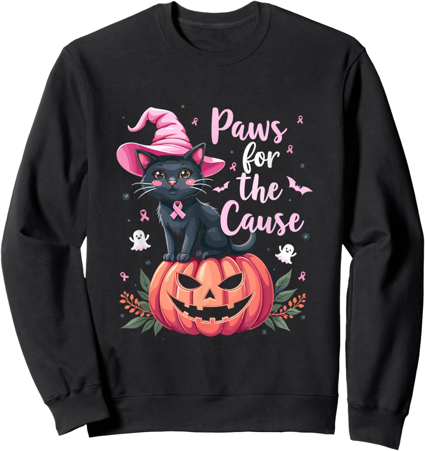 Paws For The Cause Pink Ribbon Witch Hat Pumpkin Sweatshirt - Sweatshirt | Black